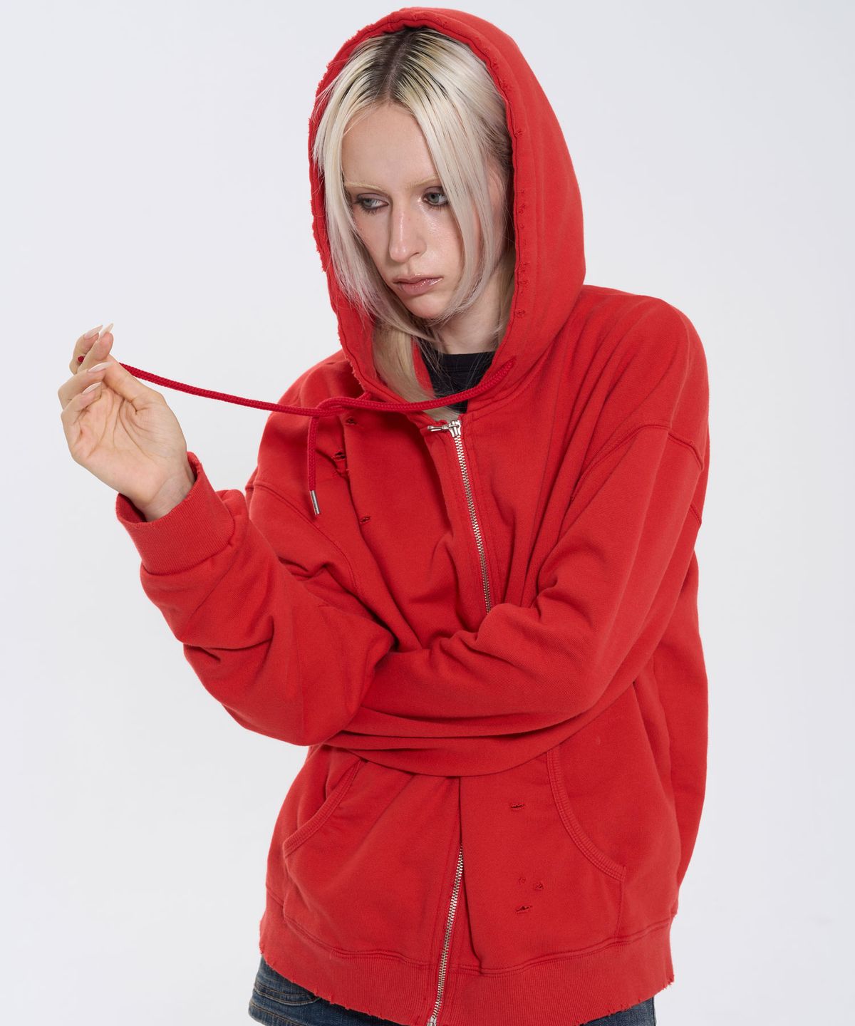 필프(PEALP) DISTRESSED WASHED HOODIE ZIP-UP 64 (RED)