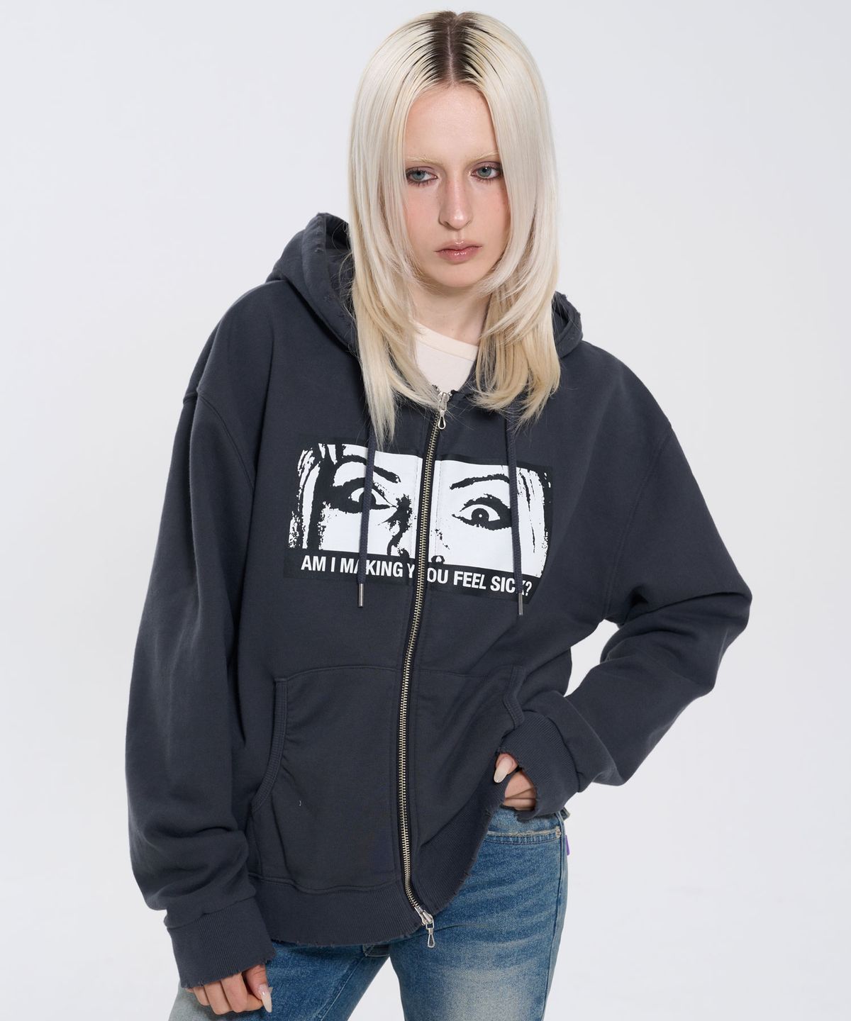 필프(PEALP) SICK FACE WASHED HOODIE ZIP-UP 65 (CHARCOAL)