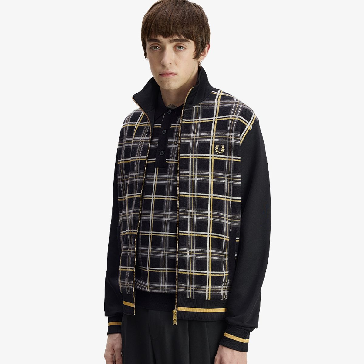 프레드페리(FRED PERRY) [Sharp] 타탄 니트 프론트 트랙 재킷 - 블랙 AFPM2G33329-102