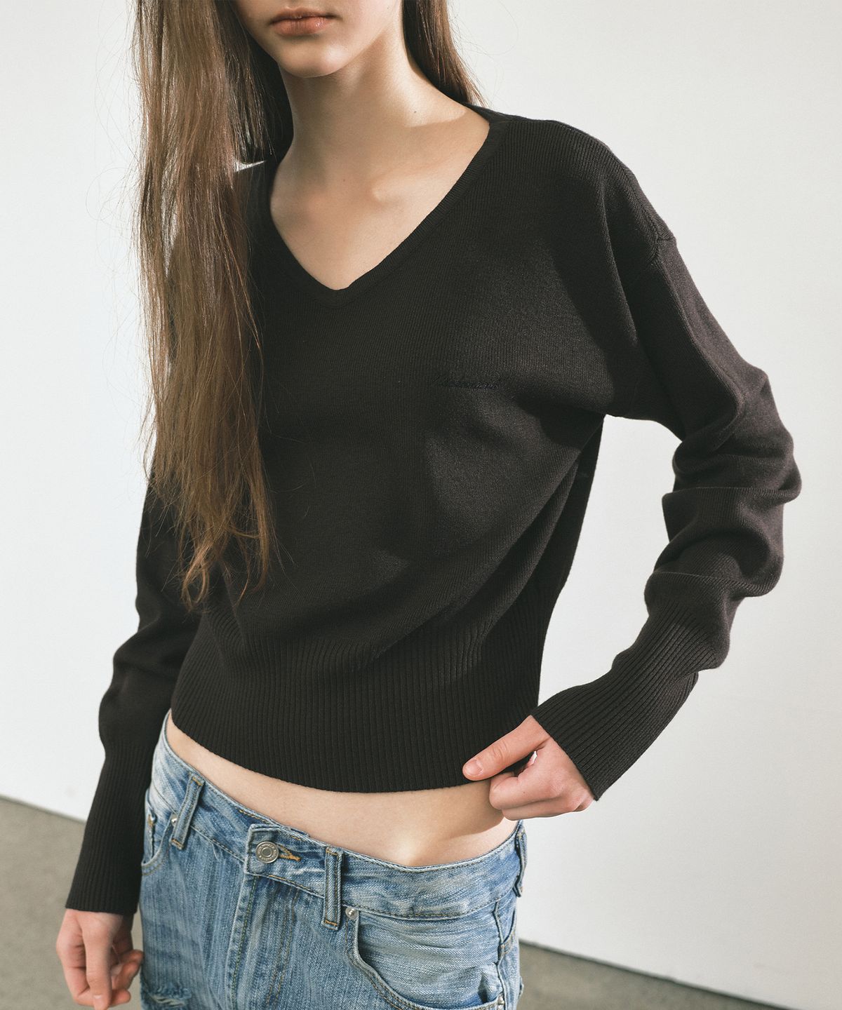 닉앤니콜(NICK&NICOLE) V NECK RIB KNIT TOP_BROWN