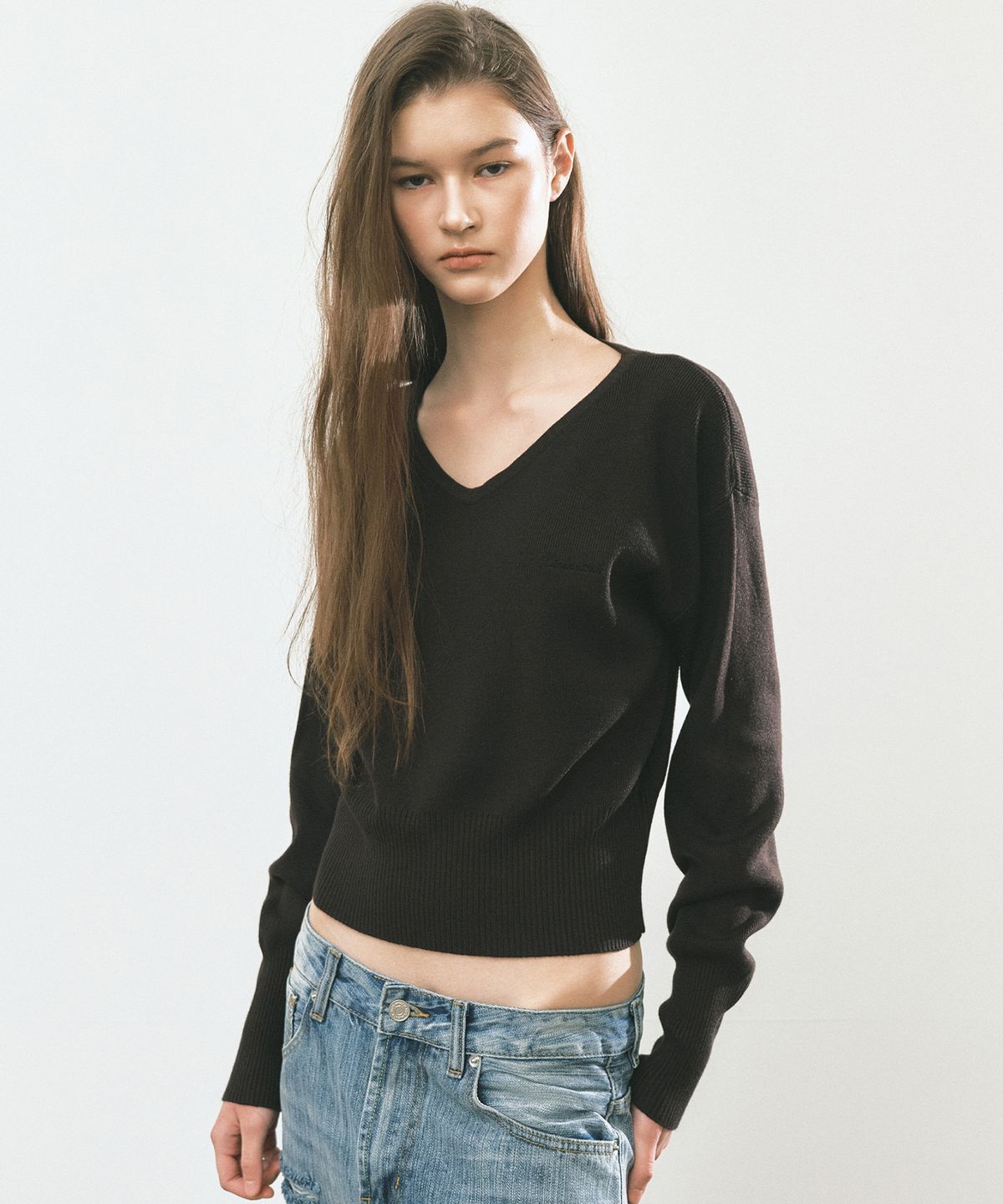 닉앤니콜(NICK&NICOLE) V NECK RIB KNIT TOP_BROWN