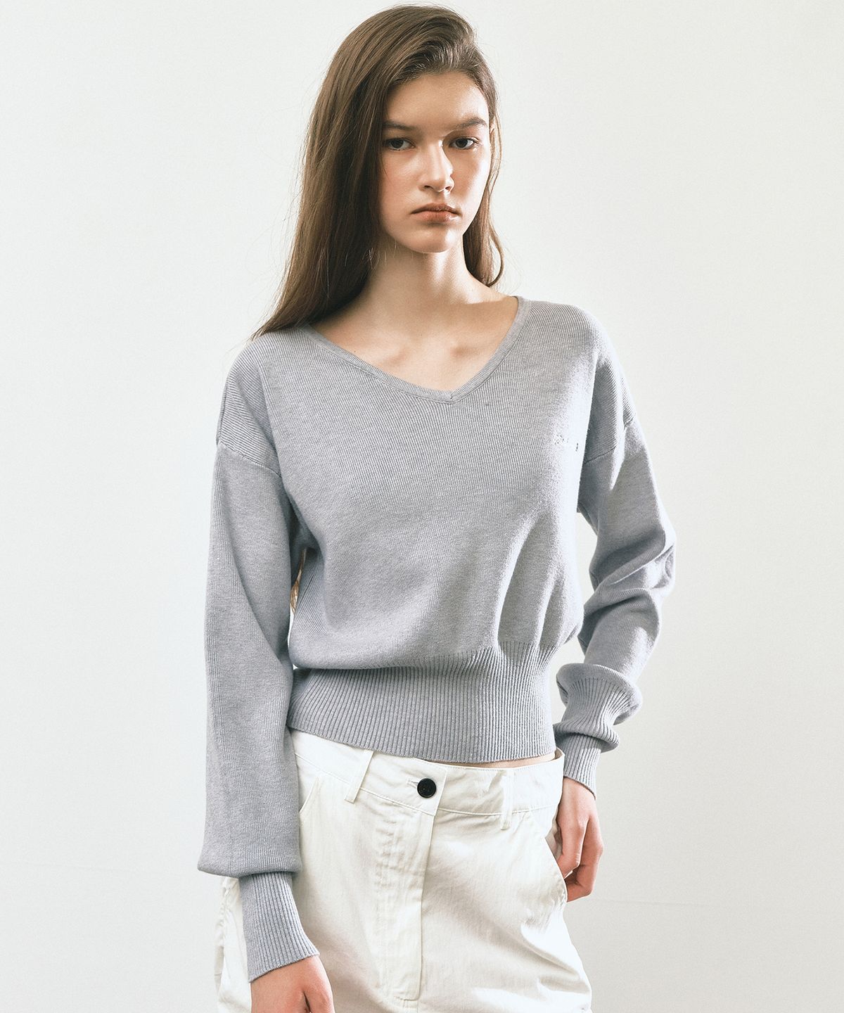 닉앤니콜(NICK&NICOLE) V NECK RIB KNIT TOP_GRAY