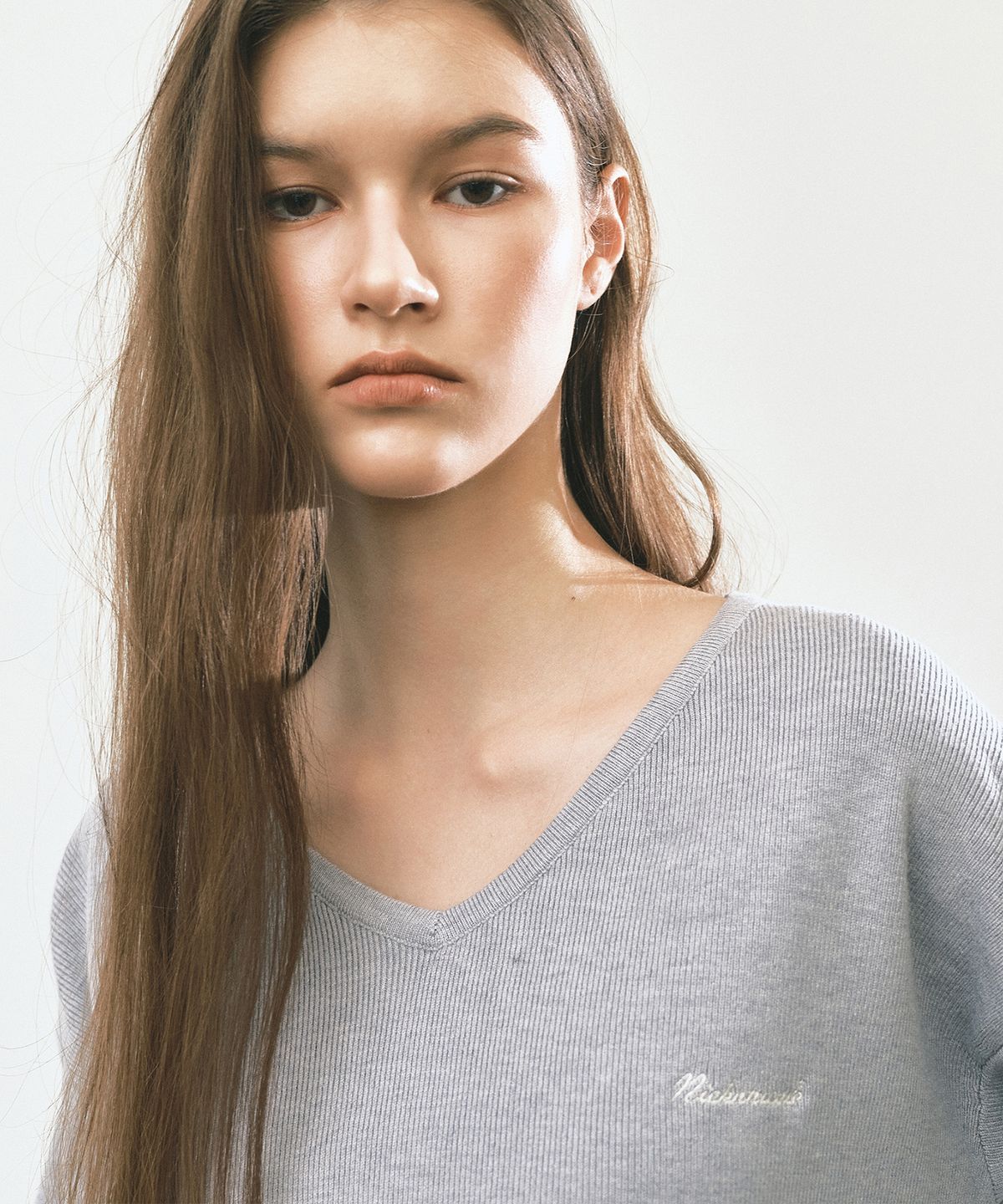 닉앤니콜(NICK&NICOLE) V NECK RIB KNIT TOP_GRAY