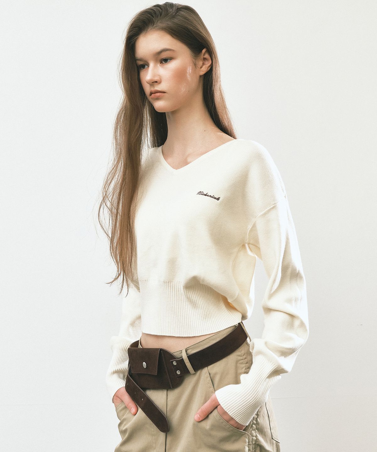 닉앤니콜(NICK&NICOLE) V NECK RIB KNIT TOP_CREAM