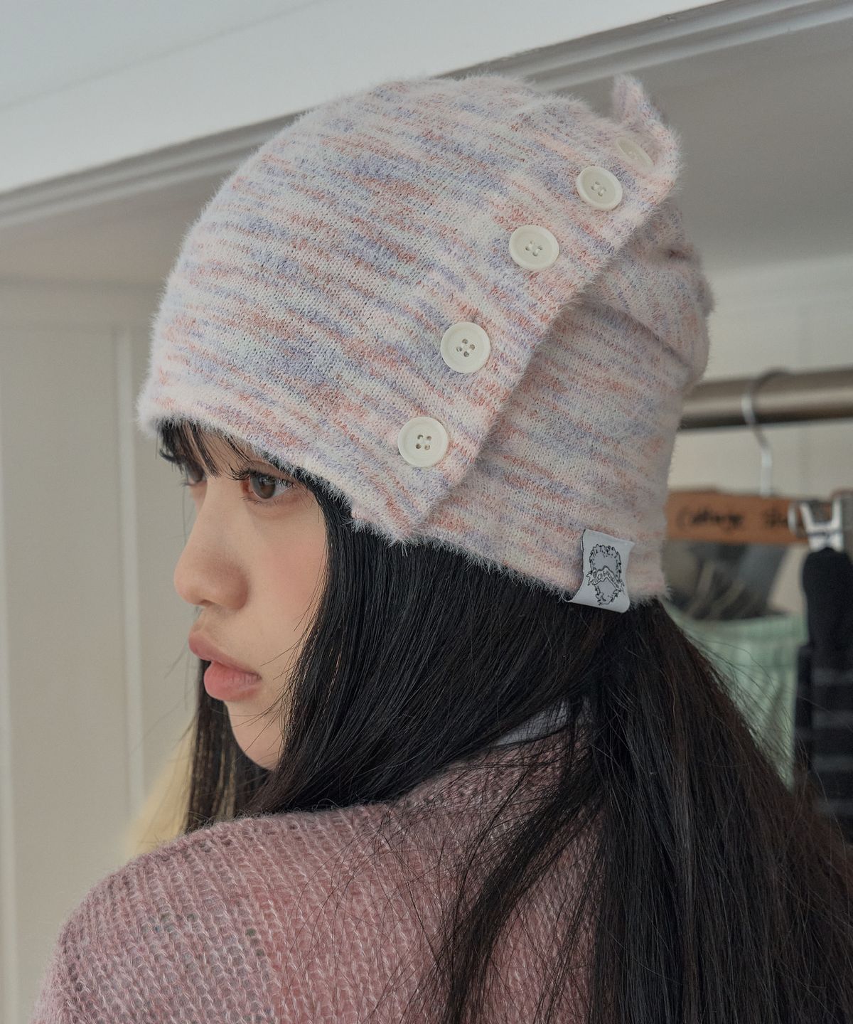포에지담(POESIEDAME) BUTTON DRAW BEANIE IN MAUVE