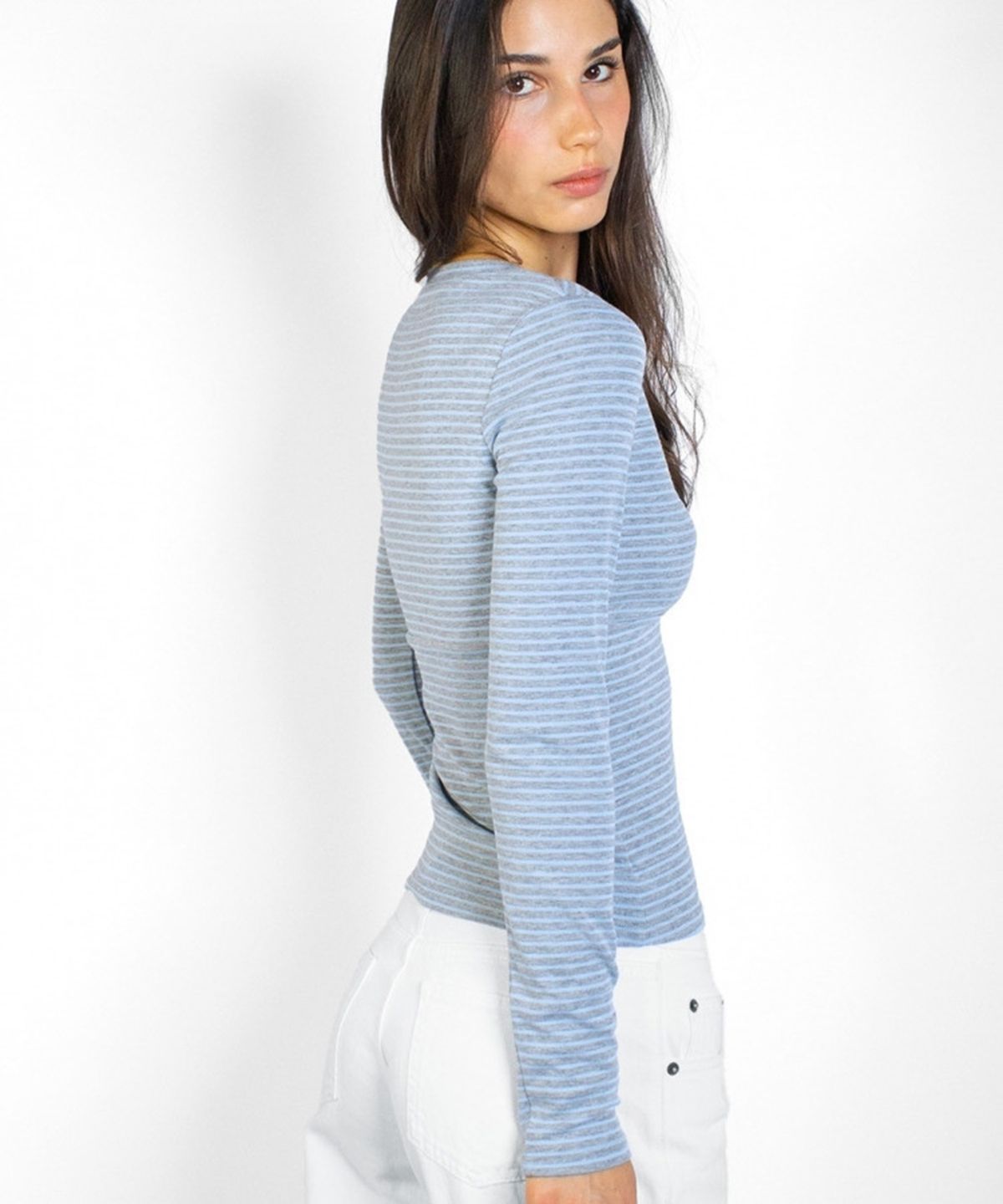 섭듀드(SUBDUED) Shrug T-shirt (STRIPE GREY SKY BLUE)
