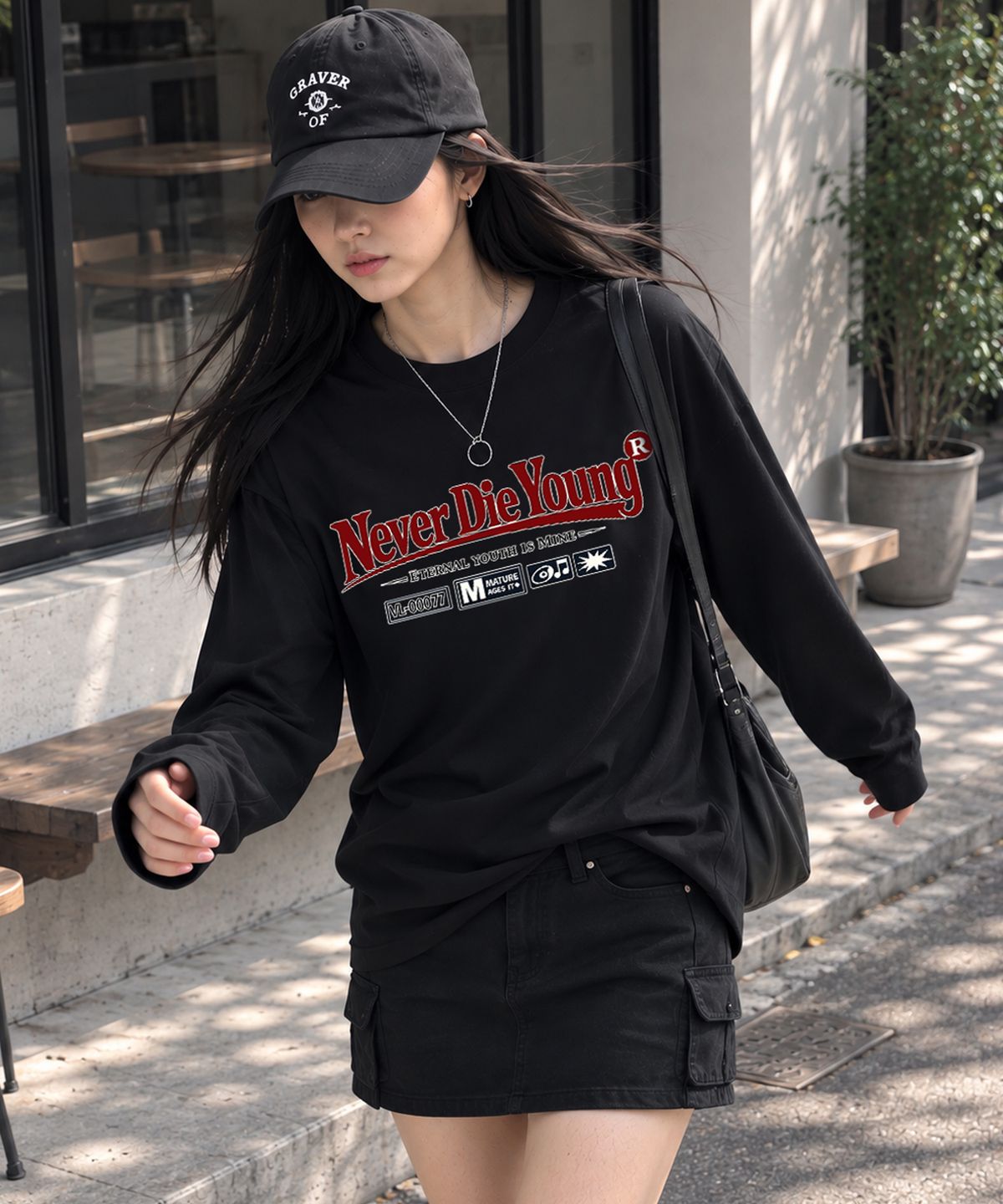 그레이버 오디너리(GRAVER ORDINARY) [ODNR UNISEX]Naver Die Young 롱슬리브 긴팔티셔츠_Charcoal