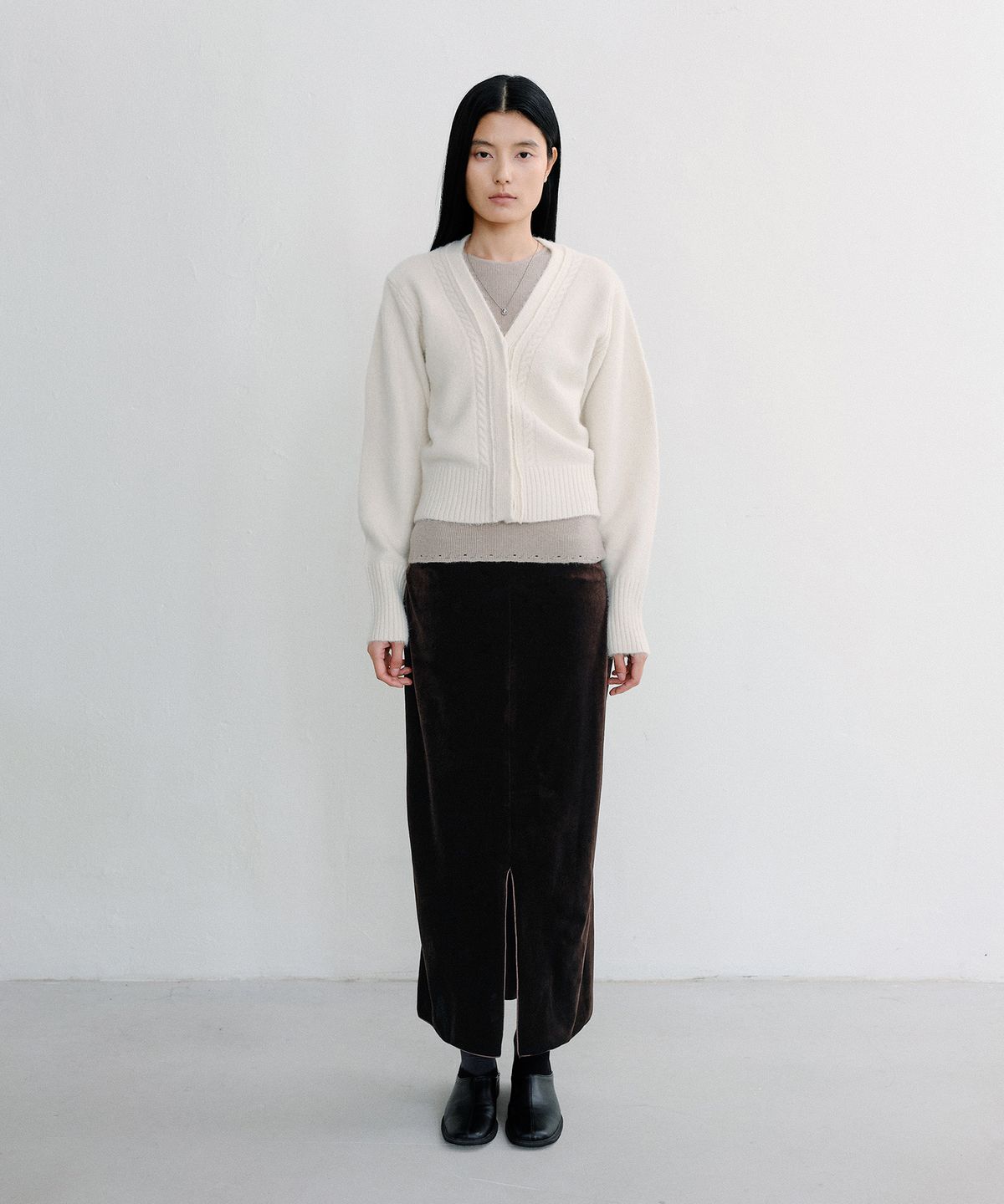로우타이드(LOW TIDE) SOFT VELOUR MAXI SKIRT [BROWN]