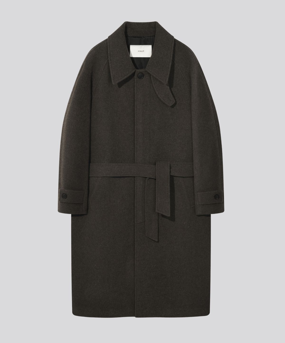 키뮤어(KIIMUIR) [Drape Wool] 캐시미어블렌드 세미오버핏 발마칸 로브코트_브라운