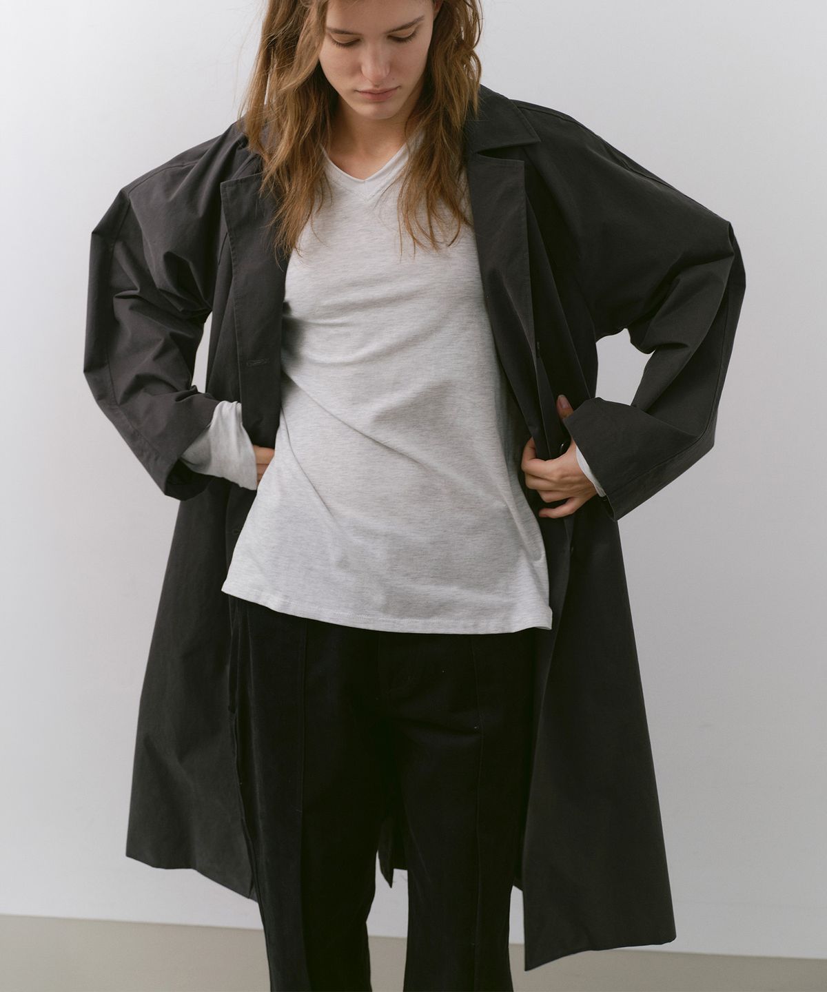 카셀(CACELE) PANEL FRONT TRENCH COAT, CHARCOAL