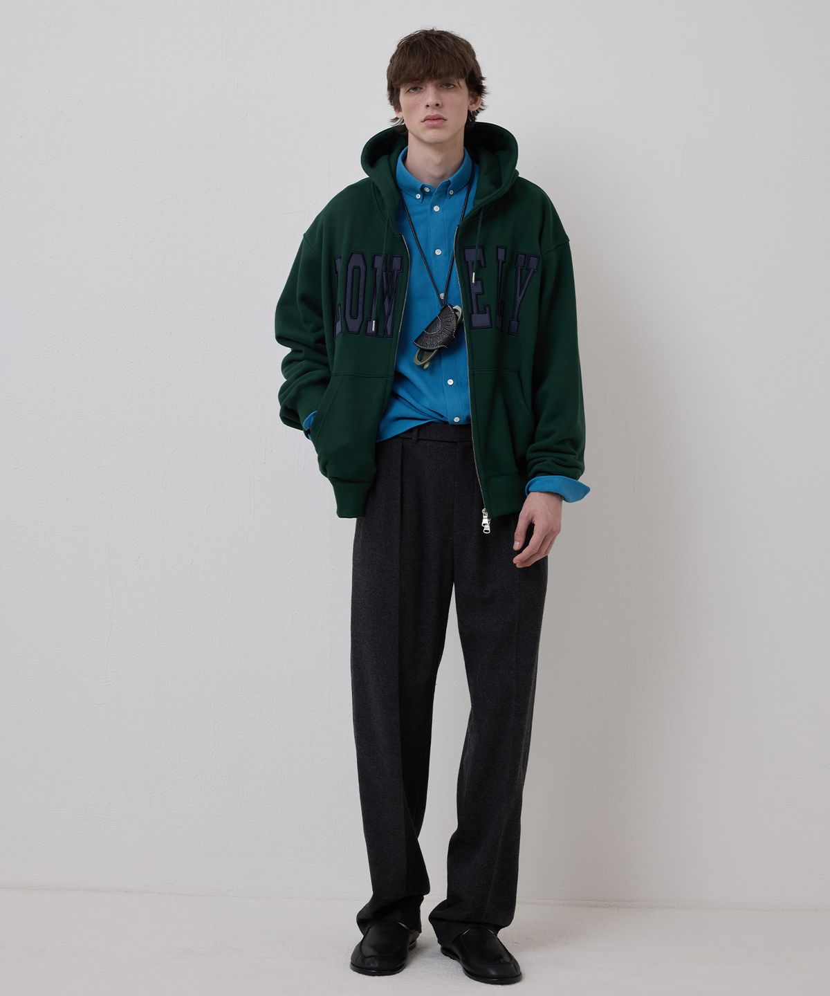 노앙(NOHANT) [기모] LONELY/LOVELY FLUFF HOODIE ZIP-UP GREEN NAVY