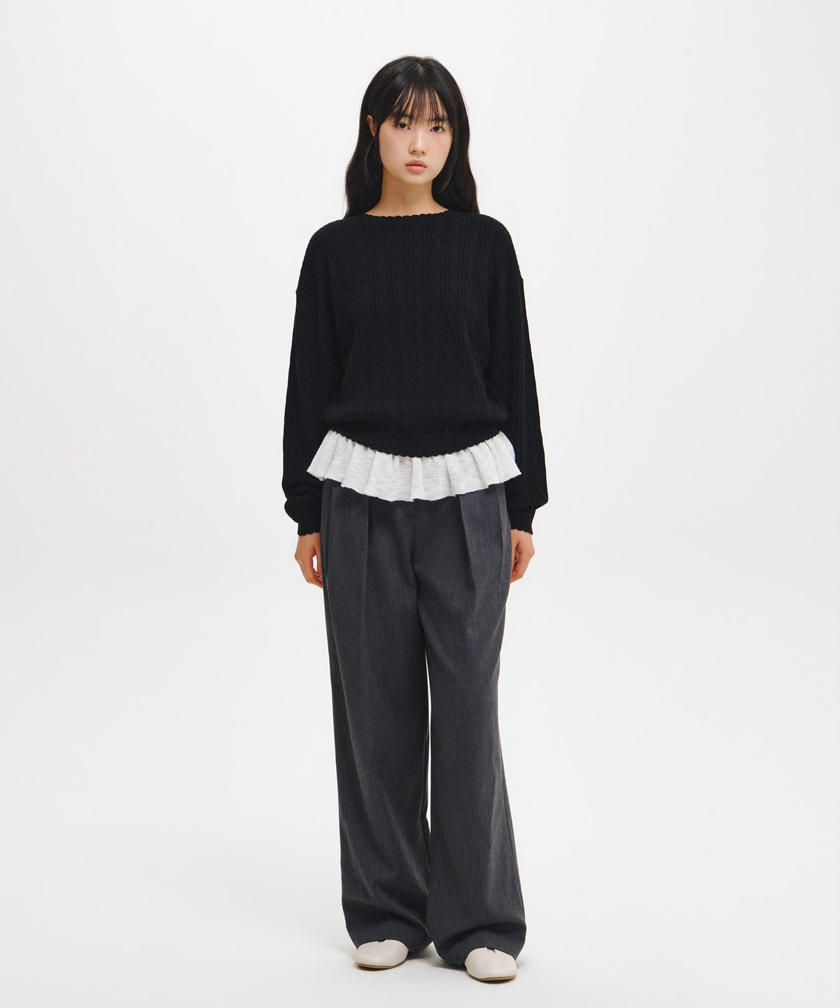 제너럴아이디어(GENERALIDEA) 프릴 레이어드 케이블 풀오버 [BLACK] / GF3LKP509