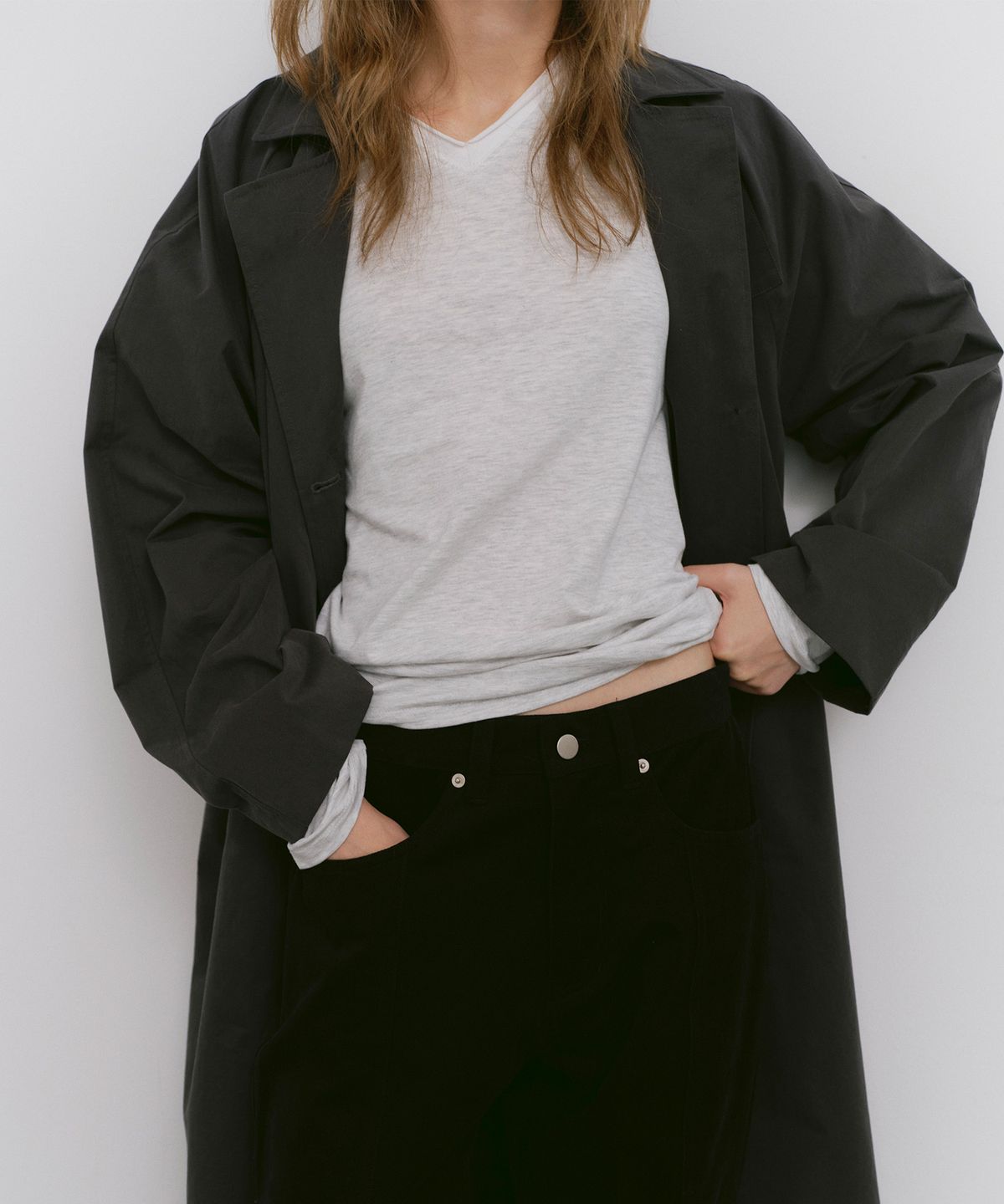 카셀(CACELE) V-NECK LONG SLEEVE T-SHIRT, MELANGE GRAY