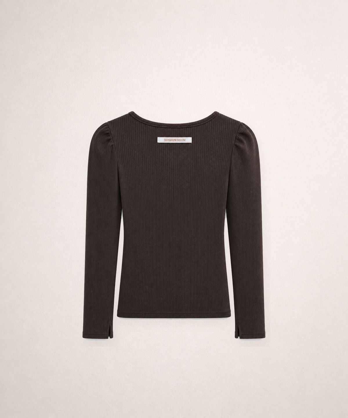 320쇼룸(320SHOWROOM) Scoop Neck Puff Sleeve Ribbed Top Brown