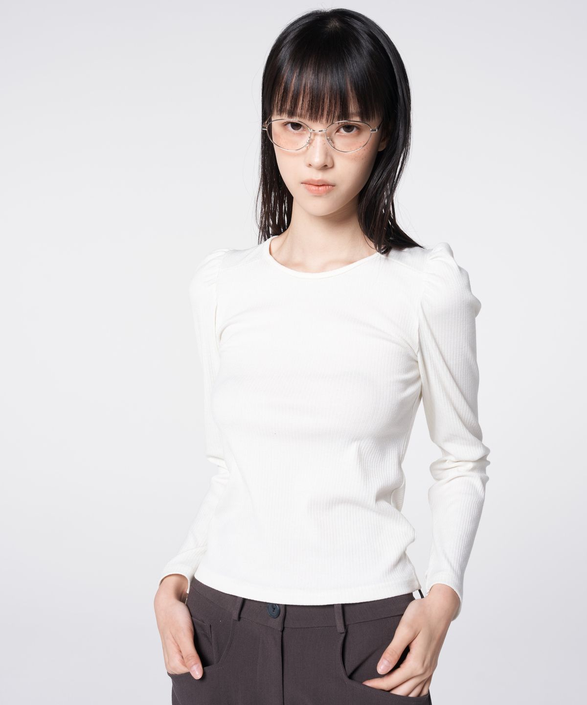 320쇼룸(320SHOWROOM) Scoop Neck Puff Sleeve Ribbed Top Ivory