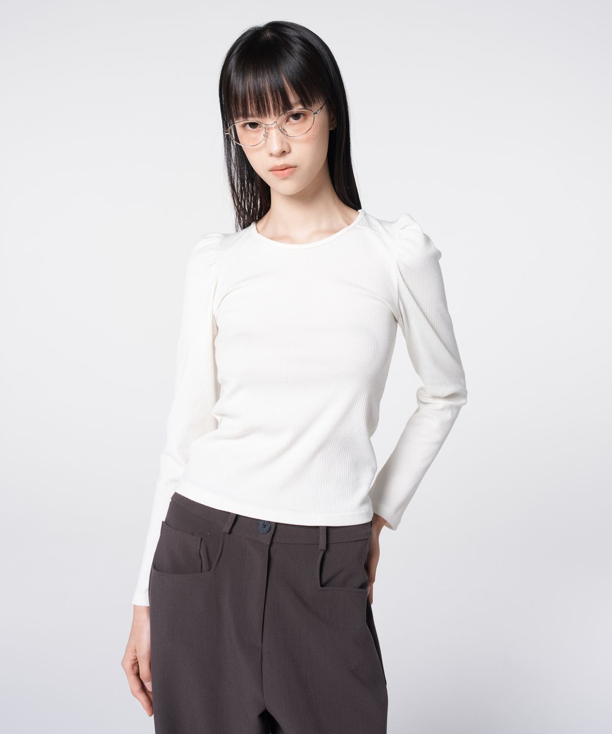 320쇼룸(320SHOWROOM) Scoop Neck Puff Sleeve Ribbed Top Ivory