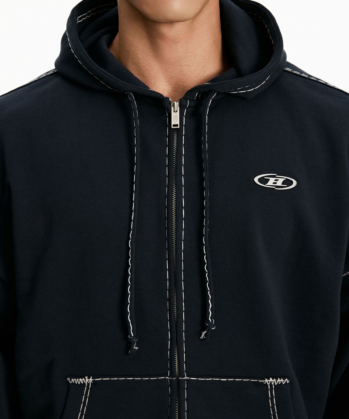본투윈(BORN TO WIN) CHROME B BOLD LINE HOODIE ZIP-UP [WASHED NAVY]
