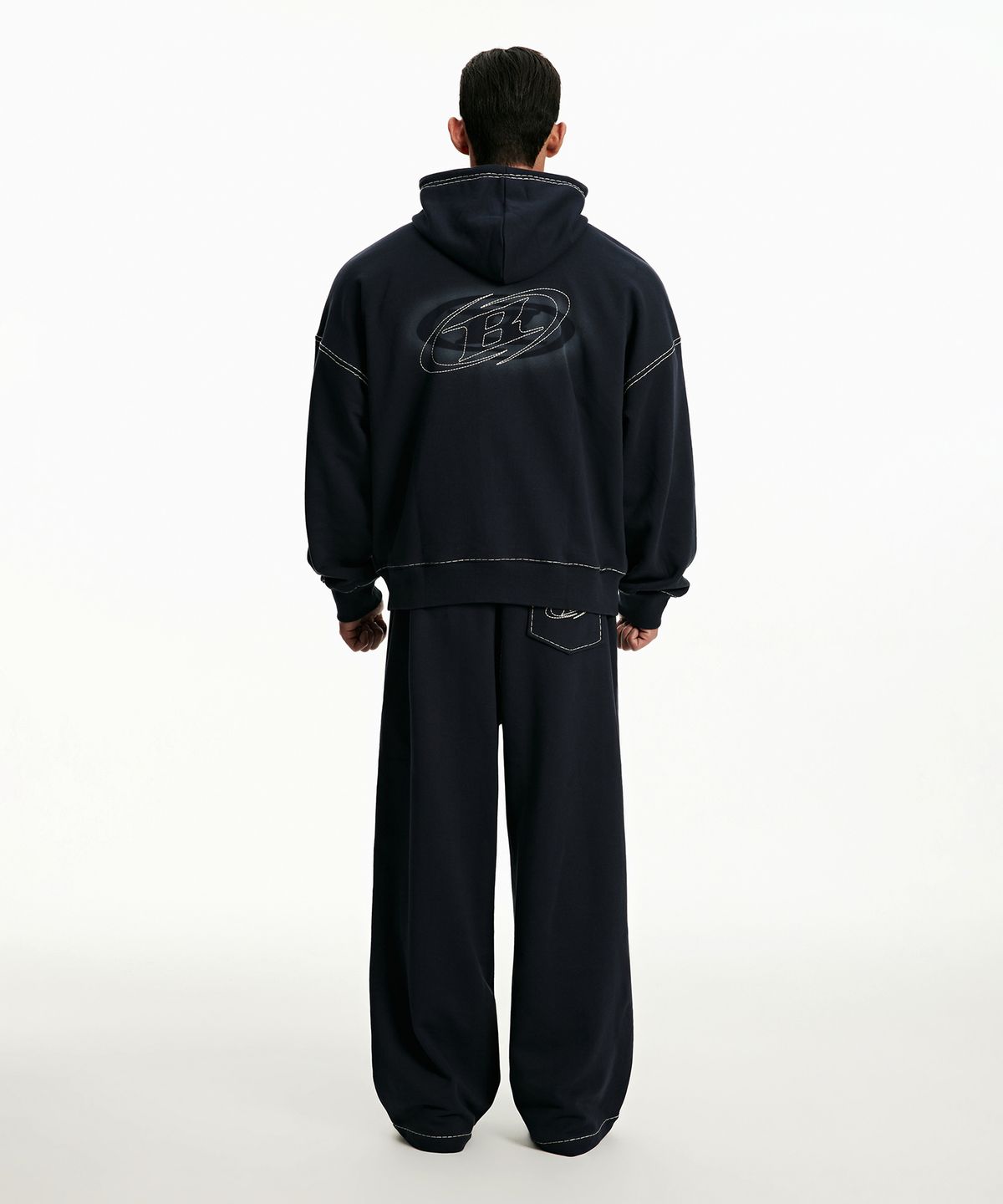 본투윈(BORN TO WIN) CHROME B BOLD LINE HOODIE ZIP-UP [WASHED NAVY]