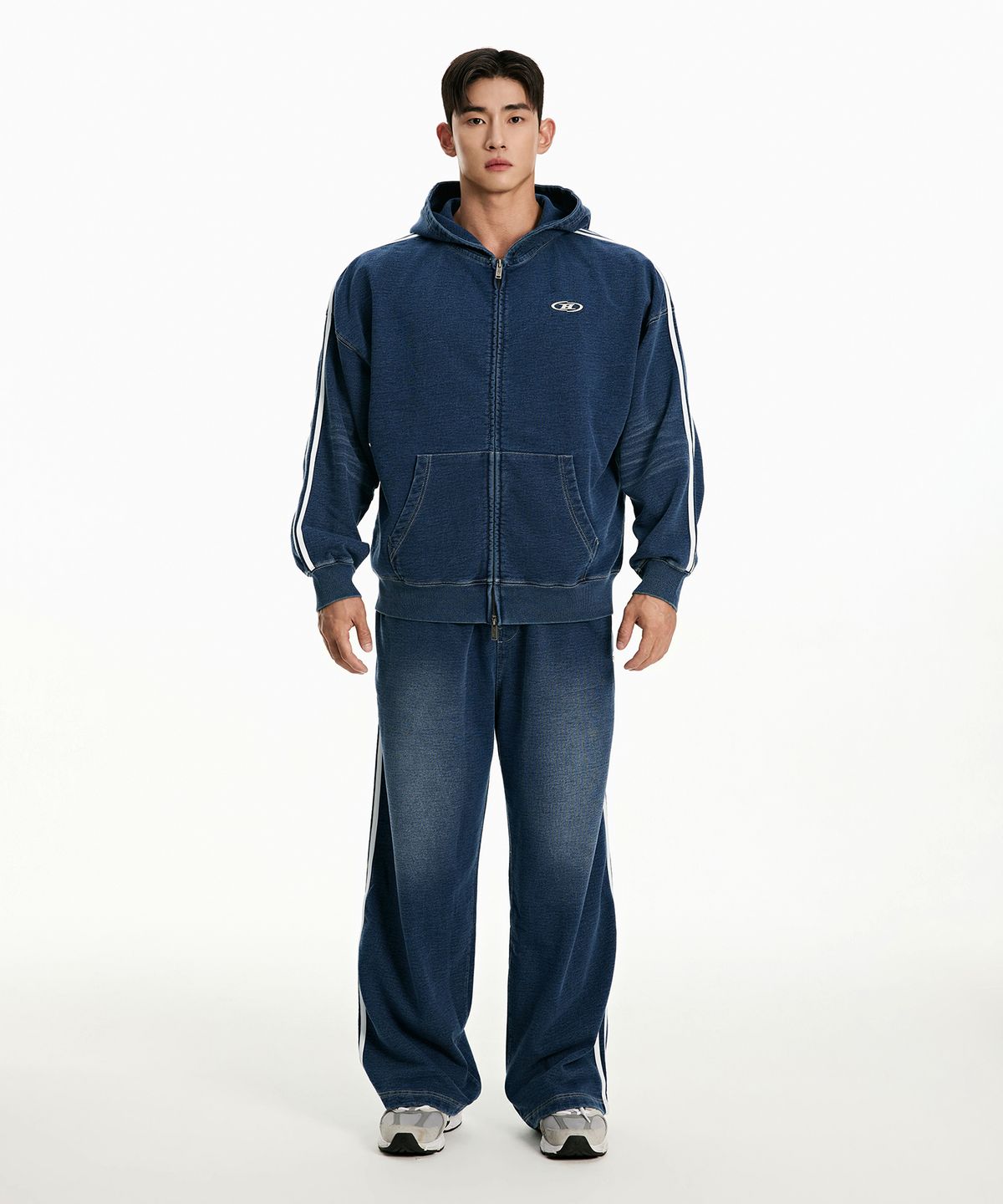 본투윈(BORN TO WIN) DENIM LIKE TRACK LINE HOODIE ZIP-UP [MID DENIM]