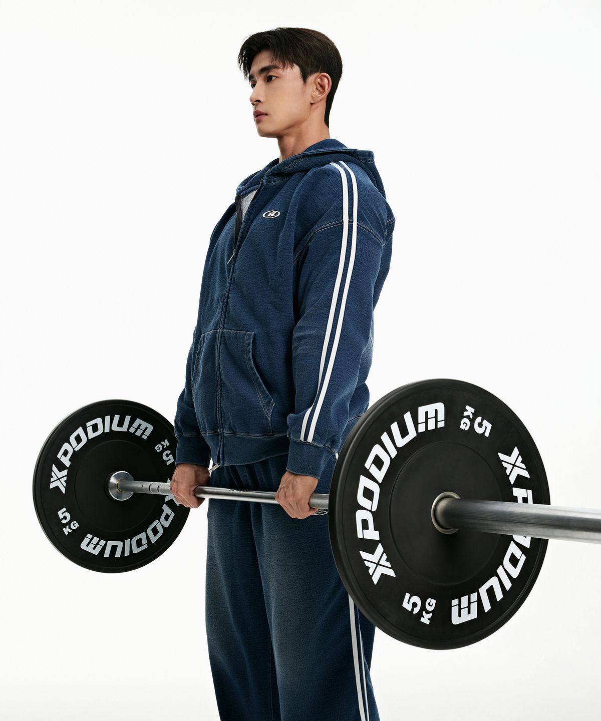본투윈(BORN TO WIN) DENIM LIKE TRACK LINE HOODIE ZIP-UP [MID DENIM]