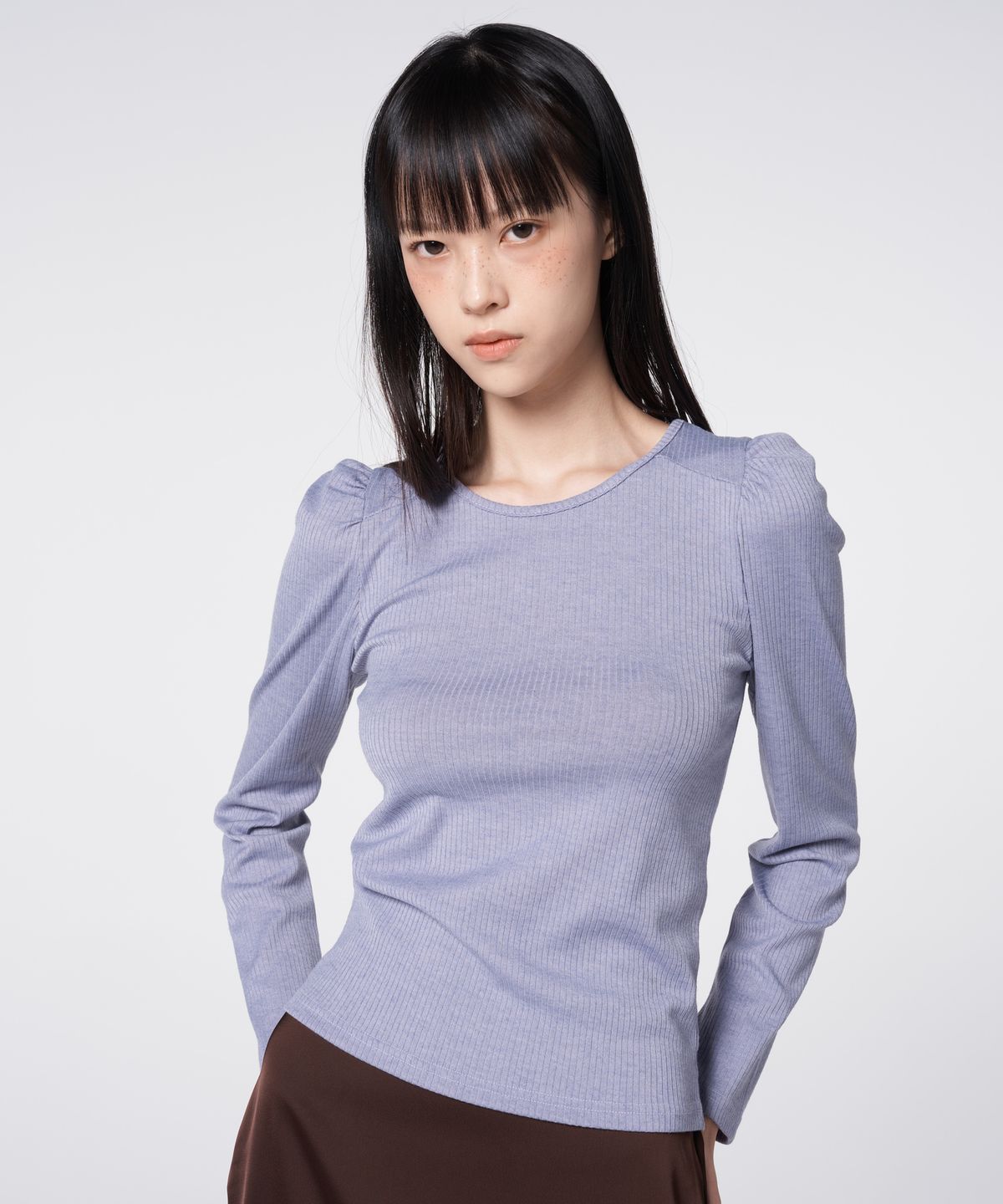 320쇼룸(320SHOWROOM) Scoop Neck Puff Sleeve Ribbed Top Purple