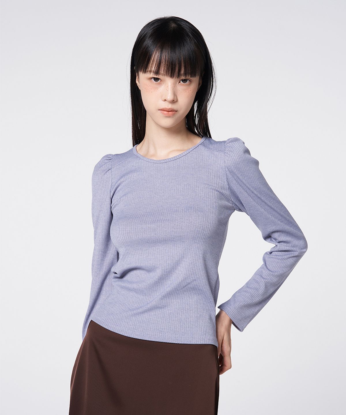 320쇼룸(320SHOWROOM) Scoop Neck Puff Sleeve Ribbed Top Purple