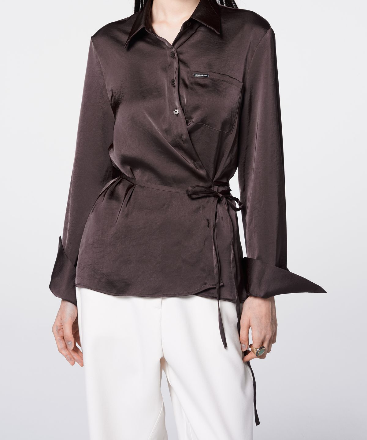 320쇼룸(320SHOWROOM) 2-Way Asymmetric Wrap Satin Shirt Brown