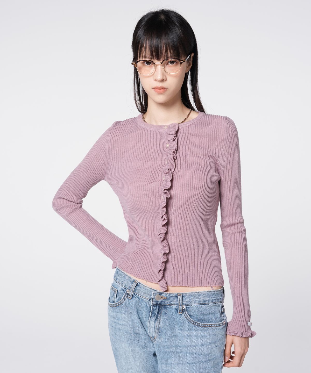 320쇼룸(320SHOWROOM) Ruffle Trim Ribbed Knit Cardigan Lavender