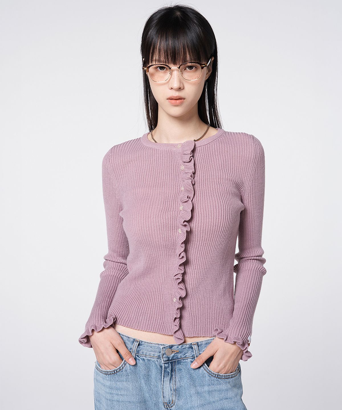 320쇼룸(320SHOWROOM) Ruffle Trim Ribbed Knit Cardigan Lavender