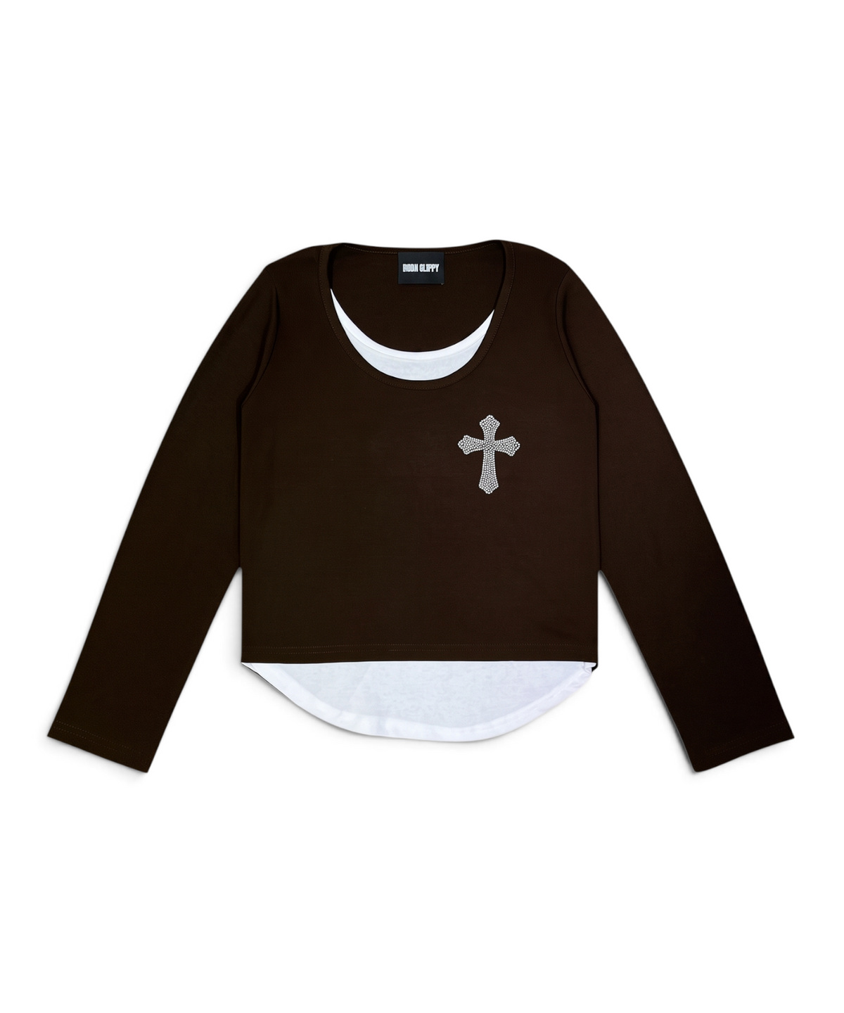 본슬리피(BORN SLIPPY) Crystal Cross Layered Long Sleeve Tee (Brown)