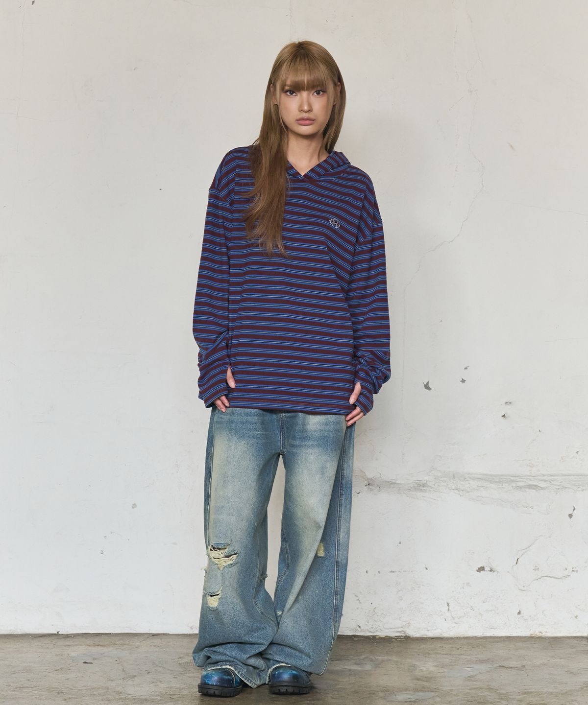 논타입(NONTYPE) MULTI STRIPE FLEECE HOODY (PURPLE)