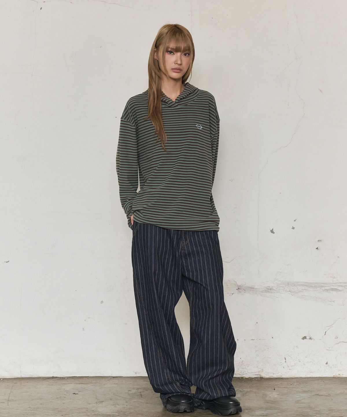 논타입(NONTYPE) MULTI STRIPE FLEECE HOODY (GREEN)