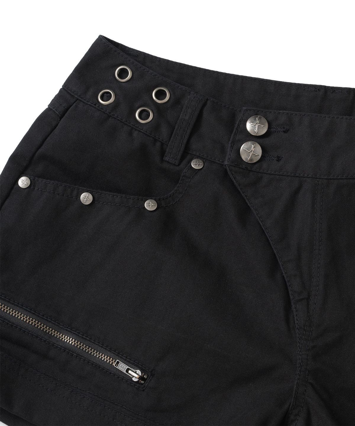낫포너드(NOT4NERD) W Eyelet Studded Roll Up Utility Shorts - Black