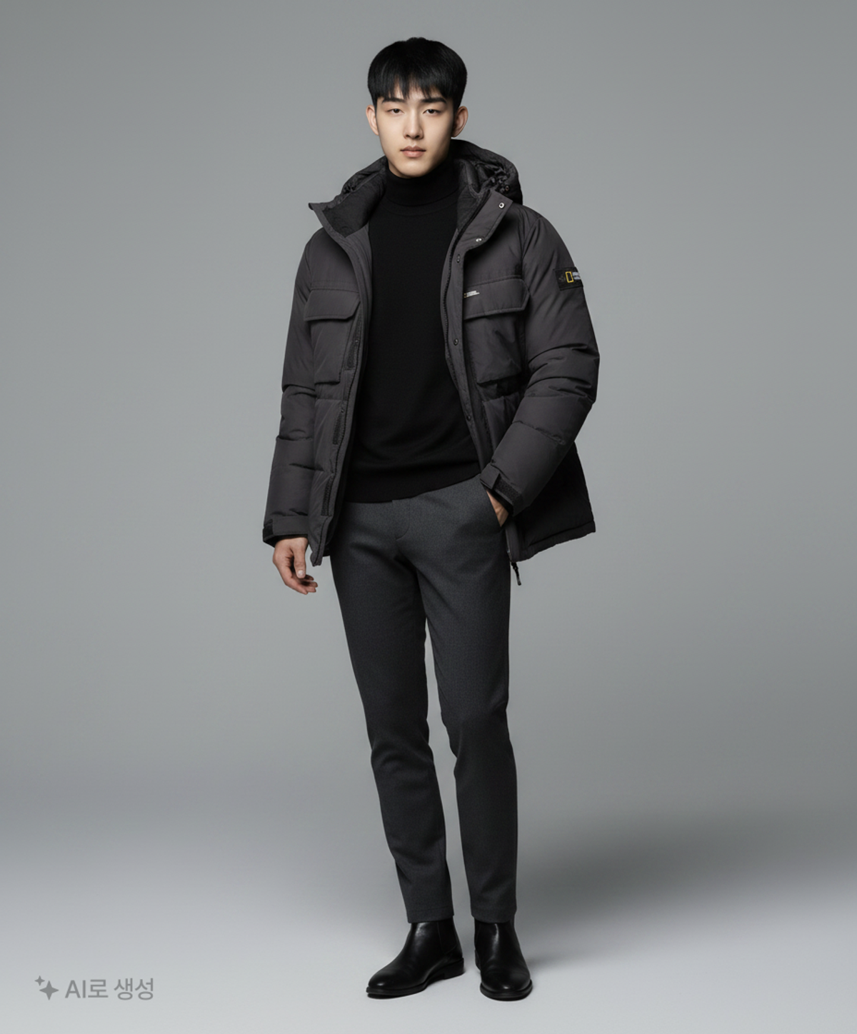 내셔널지오그래픽(NATIONALGEOGRAPHIC) N234UDW901 듀공 후드 숏기장 가슴포켓 덕 다운 점퍼 CARBON BLACK XS