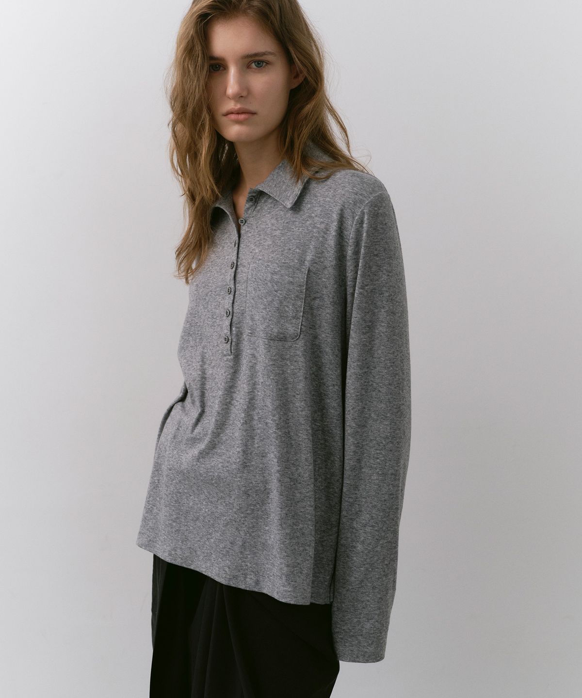 카셀(CACELE) RELAXED POLO T-SHIRT, MELANGE GRAY