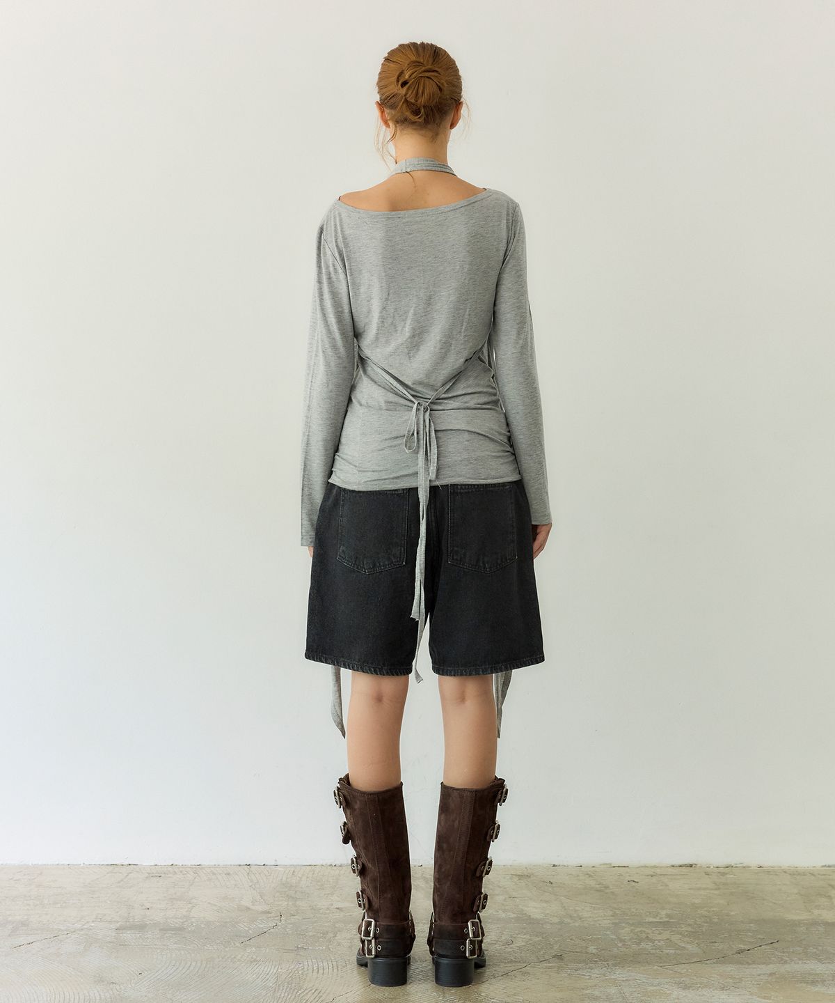 페이네틱(PAINETIC) Halter Layered Ruched Tee (GREY)