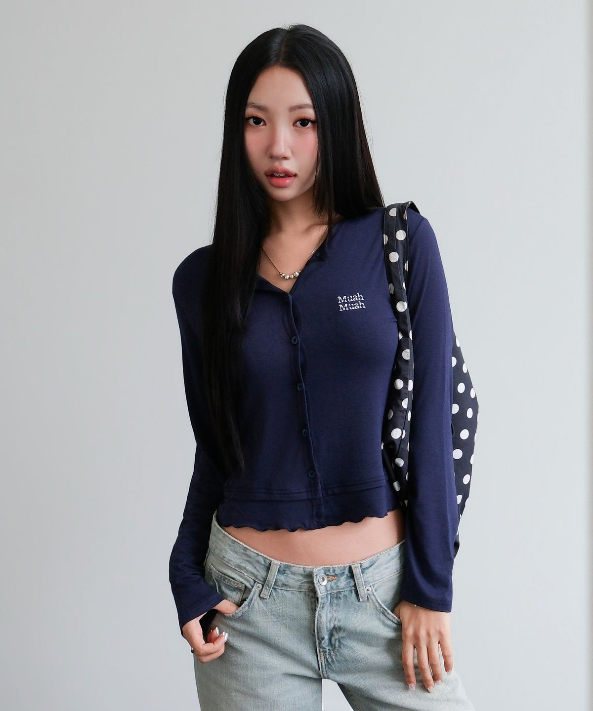 무아무아(MUAHMUAH) 레이어드 프릴 가디건 [네이비]