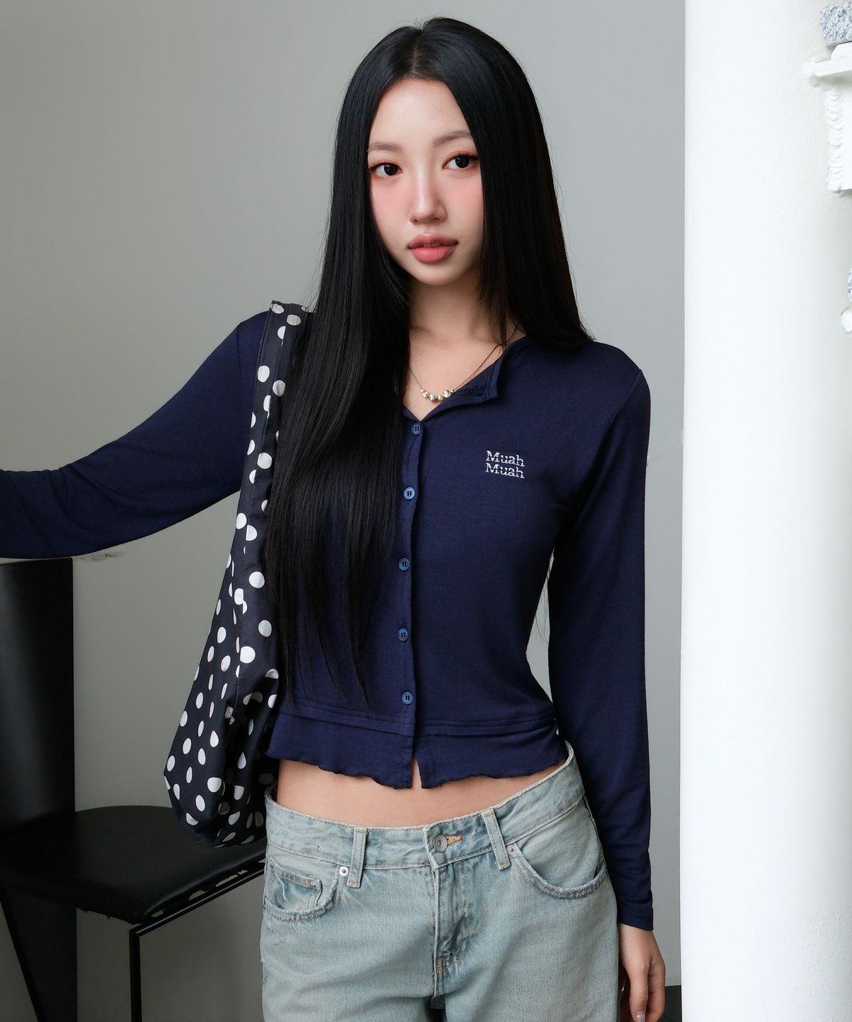 무아무아(MUAHMUAH) 레이어드 프릴 가디건 [네이비]