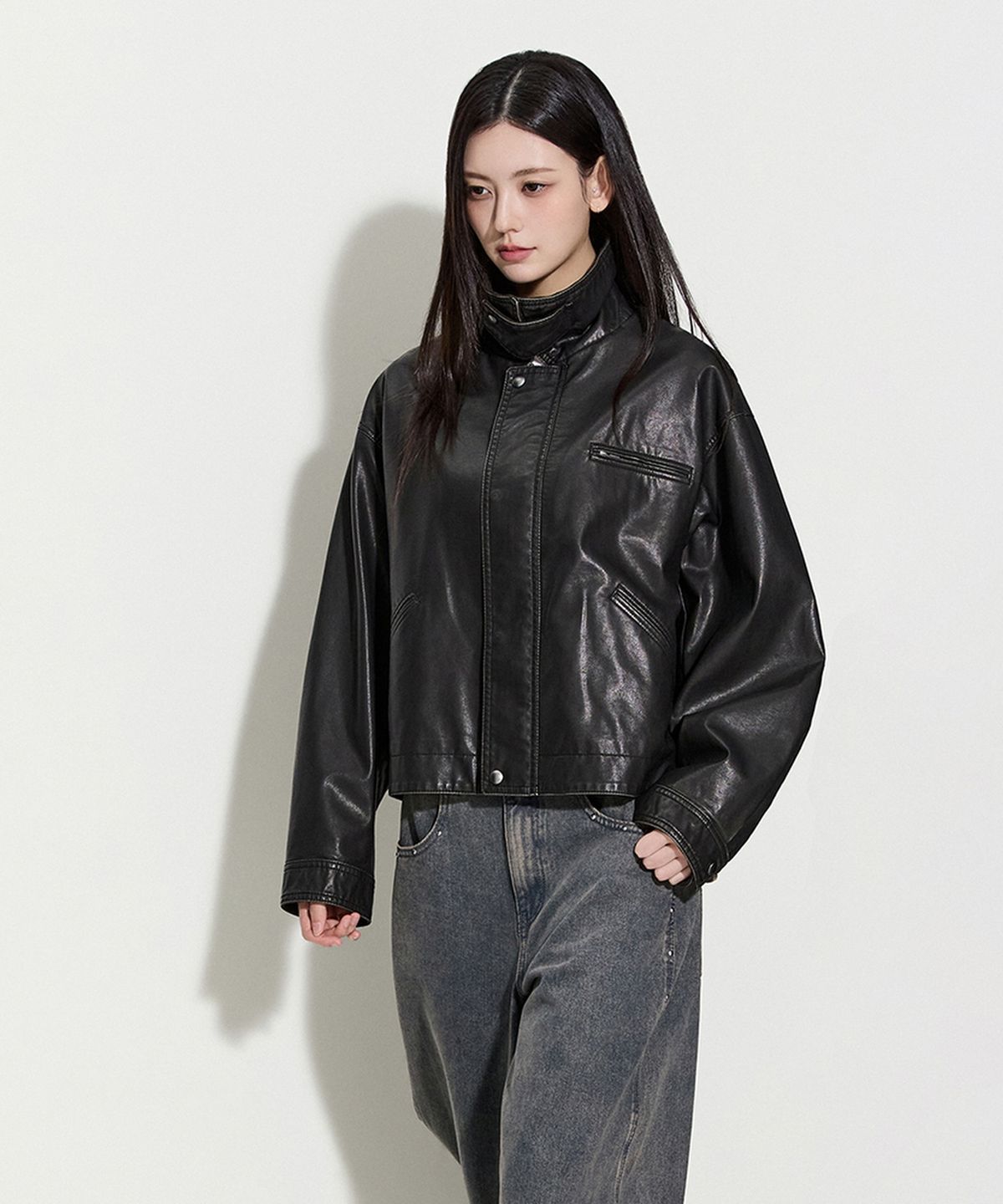 미쏘(MIXXO) 페이크레더 배색자켓_MIWJLGT21G