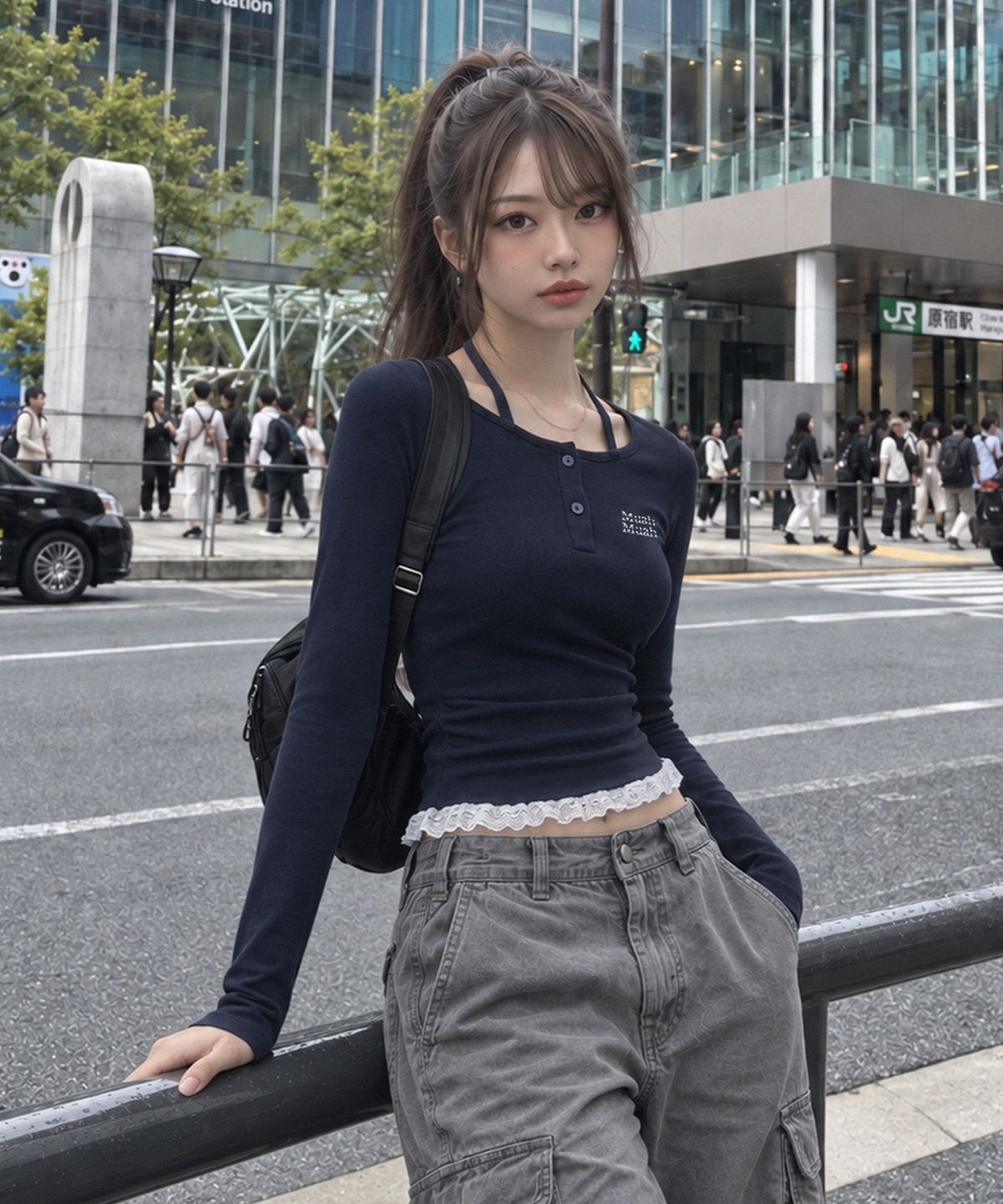 무아무아(MUAHMUAH) 레이스 배색 홀터넥 티셔츠 [네이비]