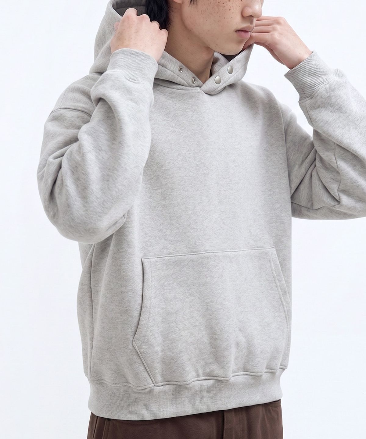 오에스아이(OSI) 오버핏 크롭 스냅 후드 멜란지
