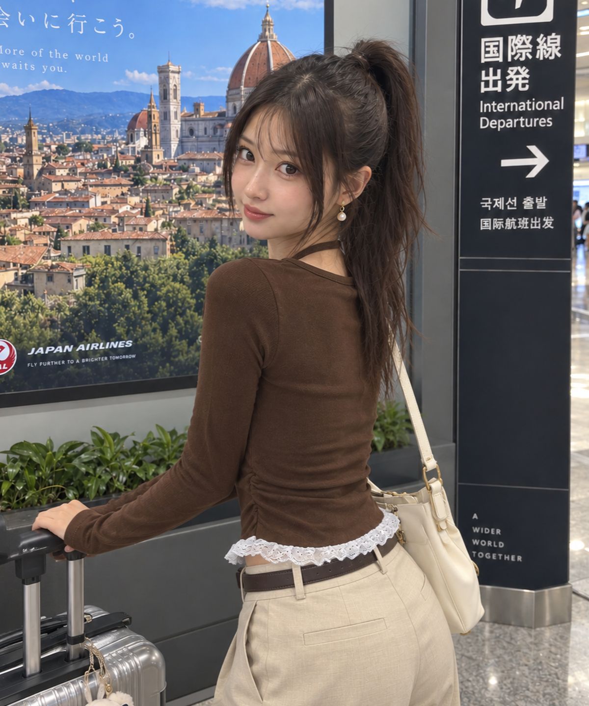 무아무아(MUAHMUAH) 레이스 배색 홀터넥 티셔츠 [브라운]