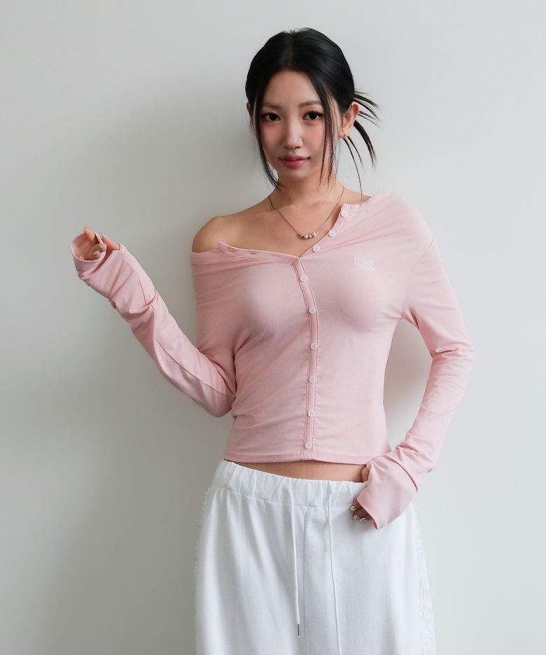 오프숄더 헨리 긴팔 티셔츠 [베이비핑크]