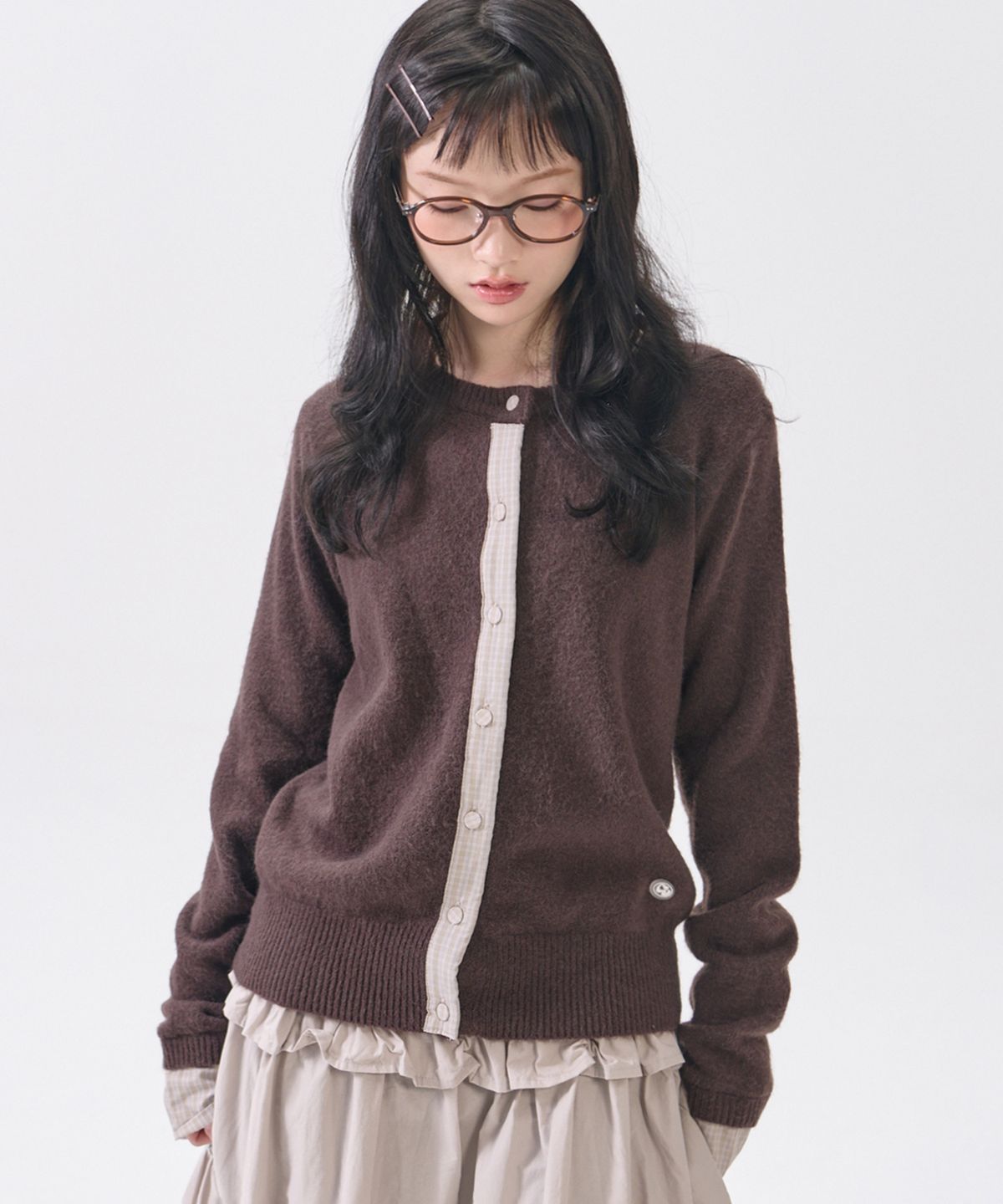썸플레이스(SOME PLACE) 컬러 체크 배색 레이어드 소프트 라운드넥 슬림핏 롱슬리브 가디건 자켓 _3COLOR