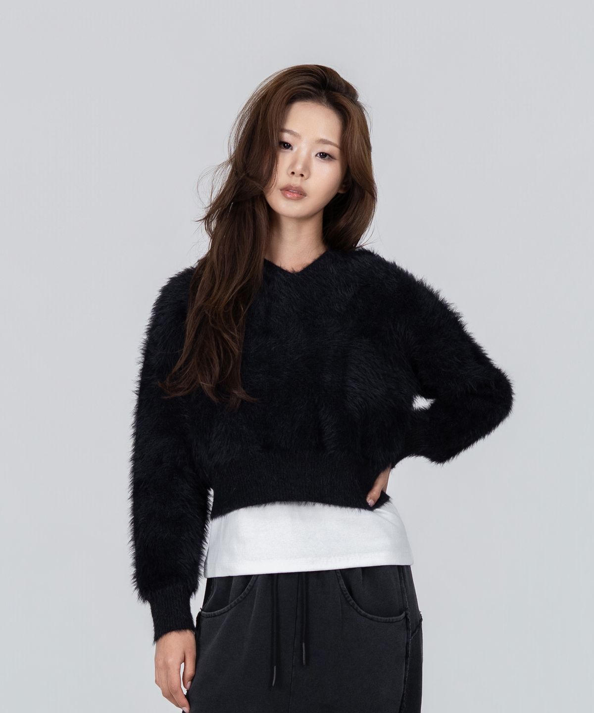포스333(PHOS333) W Crop Hairy Hoodie/Black