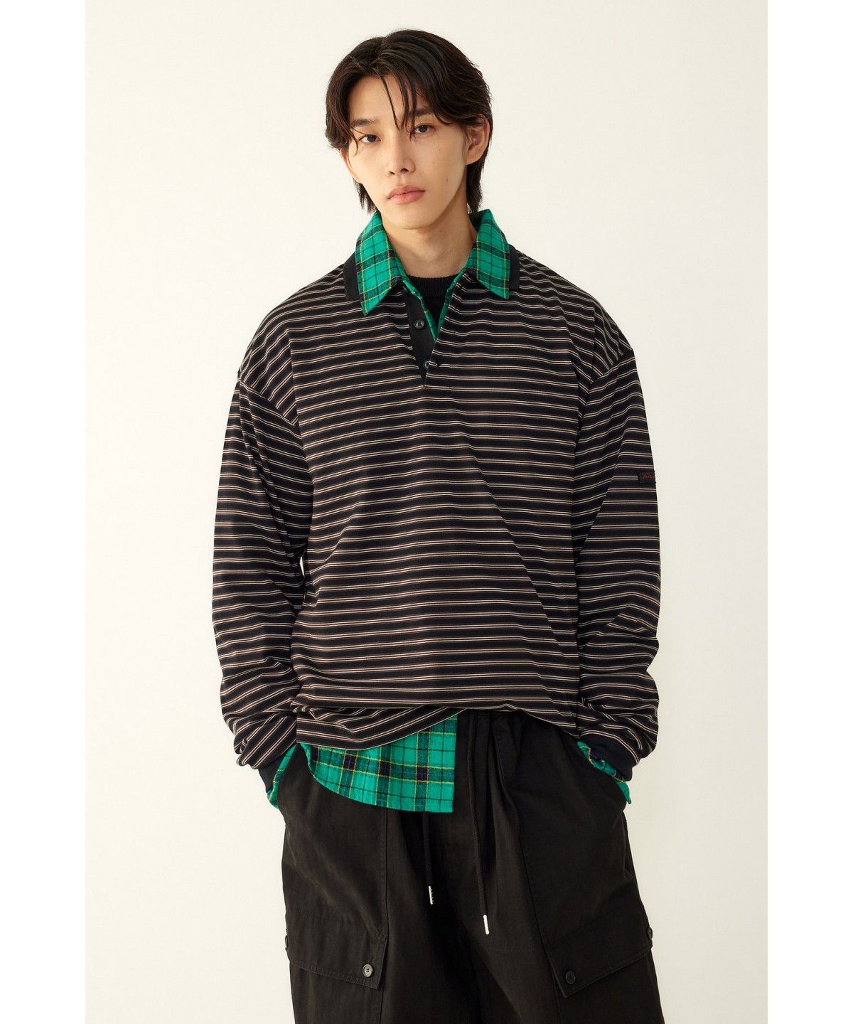 스튜디오 톰보이(STUDIO TOMBOY) [MEN] 소매 립 긴팔 스트라이프 카라 티셔츠 _블랙 9156322833