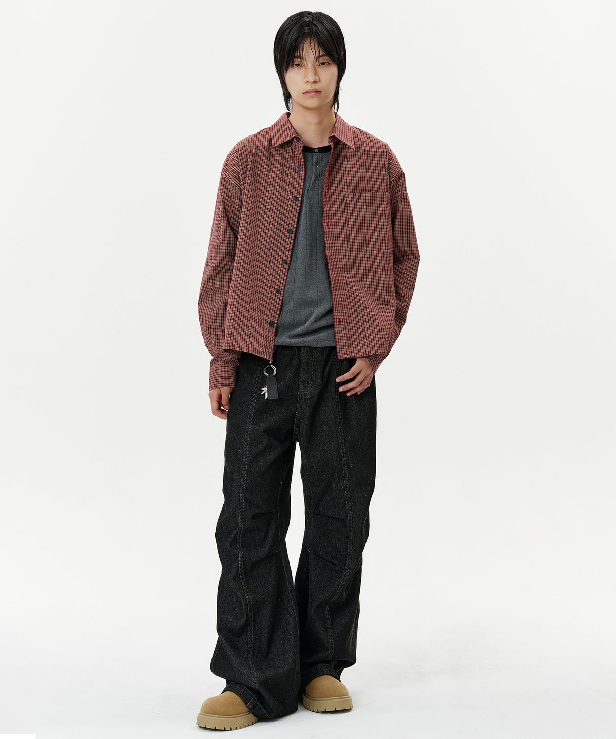 딥센스(DEEP SENSE) Pin Check Cropped Shirt - 3color