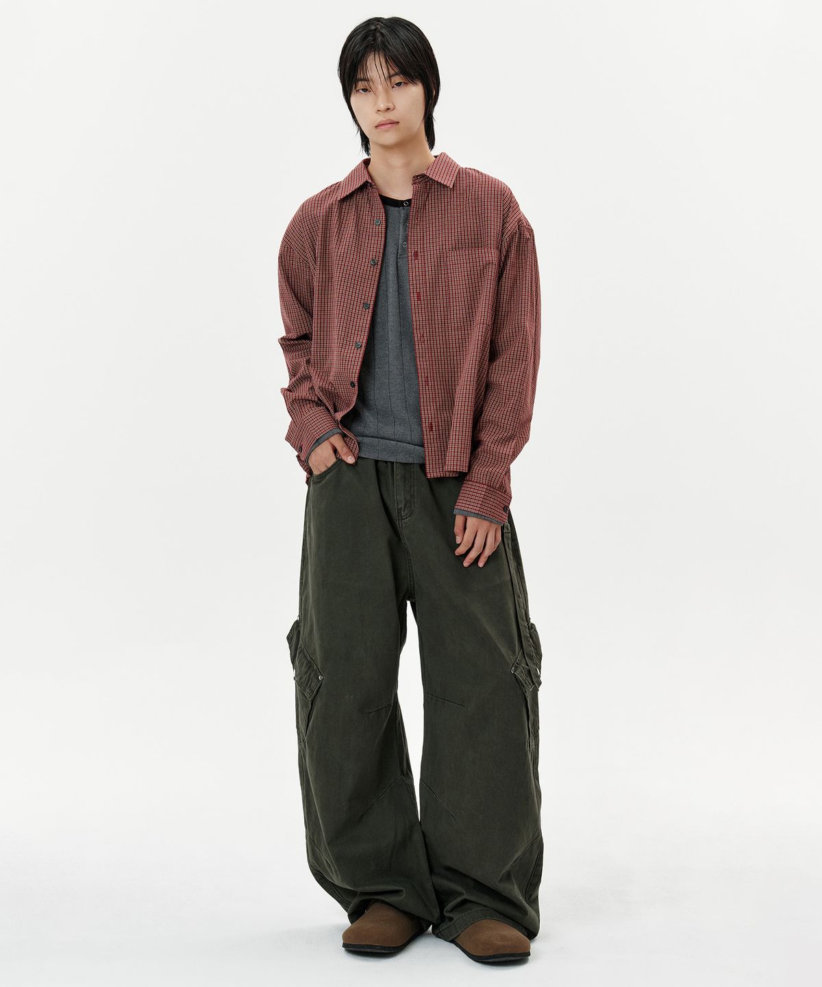 딥센스(DEEP SENSE) Pin Check Cropped Shirt - 3color