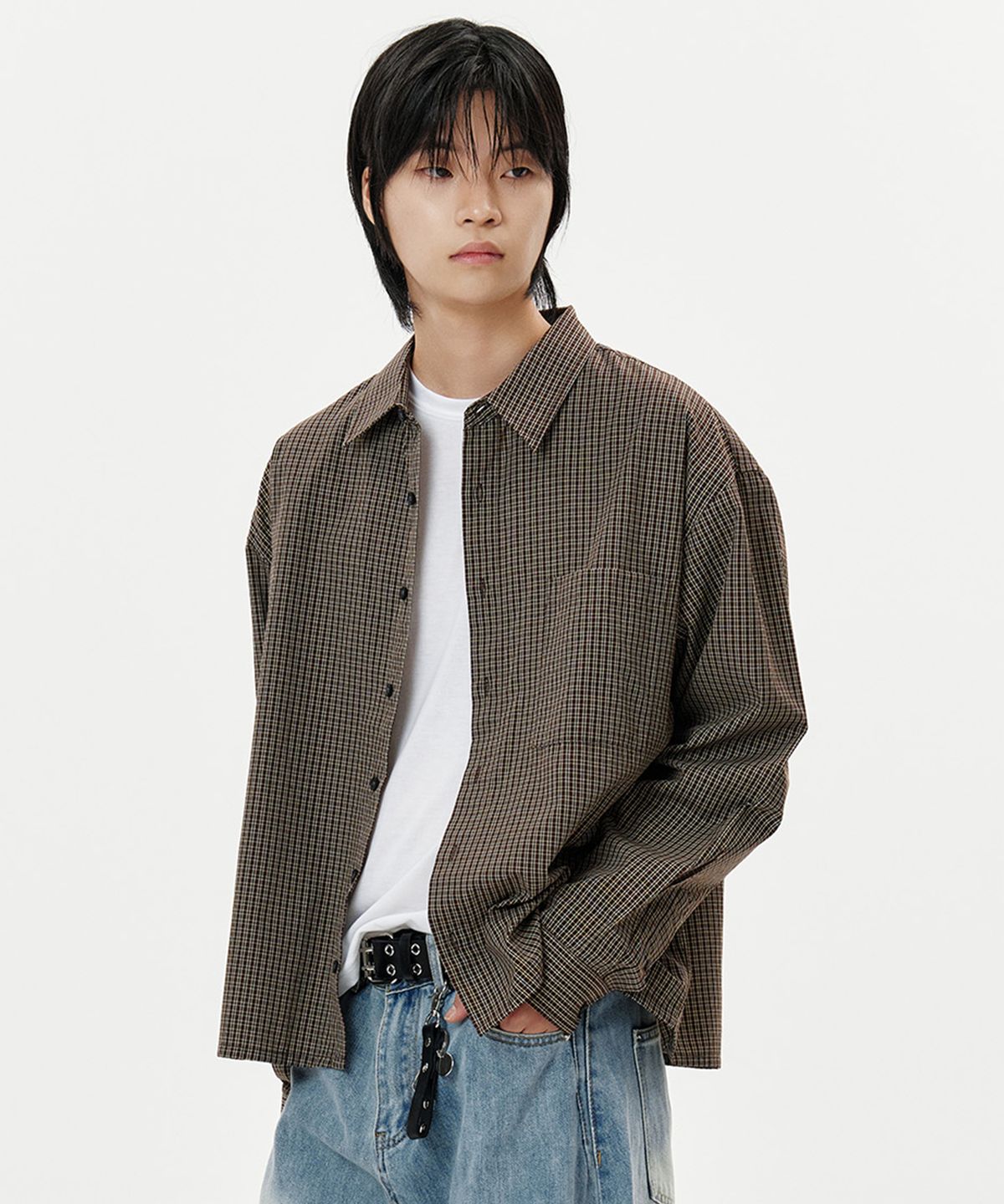 딥센스(DEEP SENSE) Pin Check Cropped Shirt - 3color