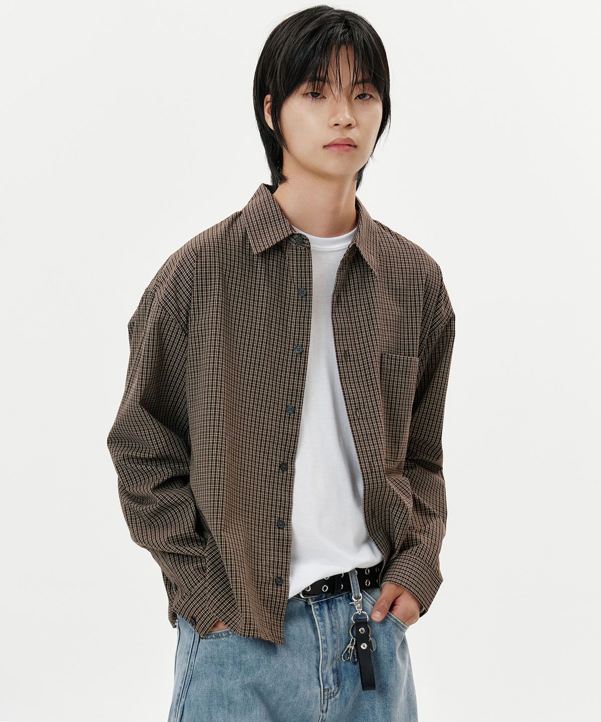 딥센스(DEEP SENSE) Pin Check Cropped Shirt - 3color
